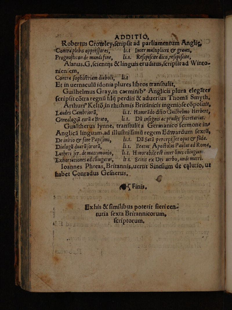 E oe ema DLP Le i , Robertus Ctoteleys(cripfit ad parfíamentum Anglis, Contra plebis opprefJores, ^ l.p. Inter multiplices €? graues, Progno|tconde mundifine, — lis. Refrpifcite dicoyreJipifcite, : Alanus.G (fcienti]s &amp; linguíseruditus,fcrípfirad Wínto^ nieníem, | : í Contra fopbiftriem diaboli; lit TUE. co da Et in uernaculá ídonía plures líbros tran(tulít, ^ : Guiílhelmus Gray,in carmínib?: Anglicis plura elegates - fcripfit cotraregnü Elij perdítí &amp; aduer(us Thomàá Smyth, ^ Arthur? Keltojín rhíthmis Brítanicís ingeniofecopolutt, Genealogi&amp; cori a Bruto, lit. Dà infignis ac prudes fecretarius. ^A Gualtherus Iynne, tranftulita Crermanico fermone in^ Anglicá linguam,;ad illuftrí(fimi regem Edyoardum fexttt DeinitioezfimePapiimi, — lit. Dügatipercepijet opus &amp;z füda. Dialogi duarüJororá, — lix. Peatus: Apostolus Paulus ad Roma, Lutheri jer. dematrimonio, — li, Honorabileeft inter 0nes coiugiur: Exbortationes ad cüiugatos, It.i.- Scitis ex Dei uerbo, undematri. habet Conradus Gefnerus, , £ «Q5 Finis, í Exhís &amp; fimilibus poterít fietí cens ais i tutía fexta Drírannicorum, —' — | ; fcríptorum,
