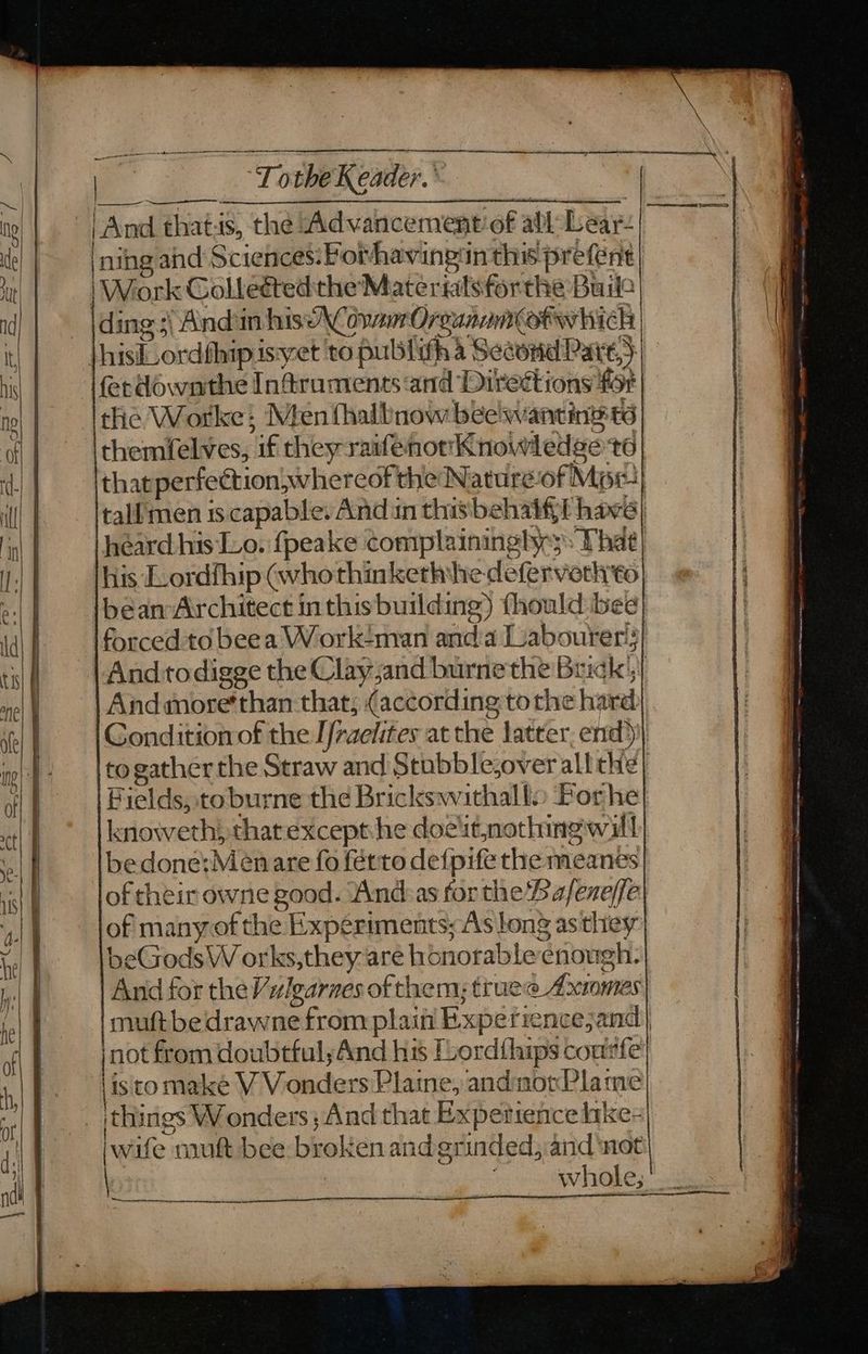 ere ee Eo a oc wien Ai am dng seins oparnnteeamencemecberaliy ; \ * \ 1] [nihg ahd Sciehces:Fothavingtin this prefent ding ;\ Andiin his Conan Orounamtotwhich fer downthe Inftruments and Direétions for | the Worke: Men thalbnow beelwantins | themfelves, if they raifenorKnowledge t6| thatperfection, whereof the Natureof Mp) talfimen ts capable: And in this behaifl have) heard his ILo. {peake complaininglys: Thae| his L.ordfhip (whothinkethnhe defervethto| bean Architect inthis building) thould bee} forced to beea Workman anda Labourer}! And todigge the Clayjand burnethe Brick} And more*than that; (according to the hard} Conditiomof the I/raelites at the latter, end})) to gather the Straw and Stubble,over all the} Fields, toburne the Brickswithall Forhe} knoweth} thatexcept he doe'it.nothing will} bedone:Menare fo fétto defpife the meanes| of their owne good. Andias for the ‘ba/eneffe} of many.of the Experiments; As long asthey | beGodsW orks,they are honorable enough. And for the Vzlgarnes of them; truee Axtomes muftbedrawne from plain Experrencejand), jnot from doubtful; And his Tord{hips courfe' |istomake V Vonders Plaine, andnorPlame } a en Se eine = meg <a : tan ckceere ae os ae aie things Wonders; And that Expetience hke- wife muft bee:broken and erinded, and ‘not \ whole, .. es + net et ethane re