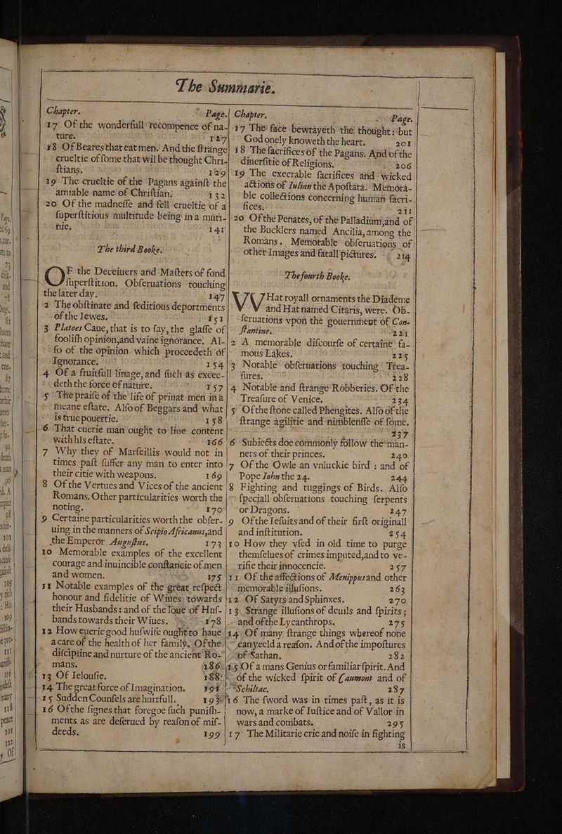 EIE HE EE MED OE E a a MU OT LEE The Si marie. Chapter. | Page.| Chapter, : Page, 17 Of the wonderfull recompence of 'na--19 The face bewrayeth the thought : but ture. T27|' ~ God onely knoweth the heart. 201 18 Of Bearesthat eat men. And the flrange| 18 The factifices of the Pagans. And of the crueltie of fome that wil be thought Chri-|’ diuerfitie of Religions. 206 ftians. 129| 19 The execrable facrifices atid ‘Wicked 19 The crueltie of the Pagans againft the! a&amp;ions of Iwan the Apoftata: Memora- amiable name of Chriftian. 132| ble colle&amp;ions concerning human facri- . 20 Of the madneffe and fell crueltie of a fuperftitious multitude being ina muti. hie, 75535 Bü 141 ficés, 211. 20 Ofthe Penates, of the Palladium;and of the Bucklers named Ancilia, among the 2 Romans. Memorable obferuations of The third Booke. other Images and fatall pictures. 214 F the Deceiuers and Matters of fond The fourth Booke. fuperftition. Obferuations touching the later day. 147 VV Hat royall ornaments the Diademe 2 The obftinate and feditíoüs deportments and Hat named Citaris, were. Ob. of the Iewes, - - Xs1/ -feruations vpon thé gouernment of Con- 8 Platoes Caue, that is to fay, the glaffe of antine. A221 foolifh opinion,and vaine ignorance. Al-|2 A memorable difcourfe of certaine fa- fo of the opinion. which proceedeth of|- mous Lákes. 225 Ignorance. ^ 154/3 Notable’ obferuations’ touching ' Trea- 4 Of a fruitfull linage,and fuch as excee-|~ fures. “228 deth the force of nature. . 157|4 Notable and ftrange’Robberies. Of the y Theptaife of the life of priuat-mén ina | Treafure of Venice. 234 meane eftate, Alfoof Beggars and what | 5)“ Ofthe ftone called Phengites. Alfo of the is true pouertie. 158. ftrange agilitie and nimblenffe of fome. 6. That euerie man ought to liue content 137 with his eftate. 166 6 Subie&amp;s doe commonly follow the'man- 7 Why they of Marfeillis would not in| ners of their princes, — 240 times paft füffer any man to enter into 7. Of the Owle an vnluckie bird : and of their citie with weapons. 169 | PopeJobsthe 24. 244 8 Ofthe Vertues and Vices of the ancient | 8 Fighting and tuggings of Birds. Alfo Romans. Other particularities worth the |= fpeciall obferuations touching ferpents noting. 170| orDragons. ' j (247 9 Certaine particularities worththe obfer. |9 | OftheTefuitsand of their firft originall uing in the manners of Scipio Africanus,and| and inftitution. 254 the Emperor Avguftus. 173 (1o How they vfed in old time to purge 10 Memorable examples of the excellent | themfelues of crimes imputed,and to ve- courage and inuincible conftancie of men | rifie their innocencie. 257 and women. | 175 |1 1 Of theaffeQions of Aenippusand other rt Notable examples of the gréat refpe&amp; | memorable illufions. 263 . honour and fidelitie of Wines: towards lr2 OF Satyrs and Sphinxes. 270 their Husbands: and of theloue of Huf- | 13 Strange illufions of deuils and fpirits ; bands towards their Wiues. » 178 | .-and ofthe Lycanthrops. 275 12 How eueric good hufwife oughtto haue 14: OF many ftrange things whereof none acare of the health of her family, Ofthe |.  canyeelda reafon. Andofthe impoftures difcipline and nurture of the ancient Ro-'|.” of Sathan. i ee mans. 186.15 Of a mans Genius or familiar fpirit. And 13 Of Ieloufie. 18$: ; of the wicked fpirit of (anmsont and of 14. The great force of Imagination. Y91 | Schiltac. SN 237 15 Sudden Counfels are hurtfull., 193116 The fword was in times paft, as it is 16 Ofthe fignes that foregoe fuch punifh- | now, a marke of Iuftice and of Vallor in ments as are deferued by reafonof mif-| wars and combats. ae 295 deeds. 199 |17 The Militarie cric and noife in fighting is