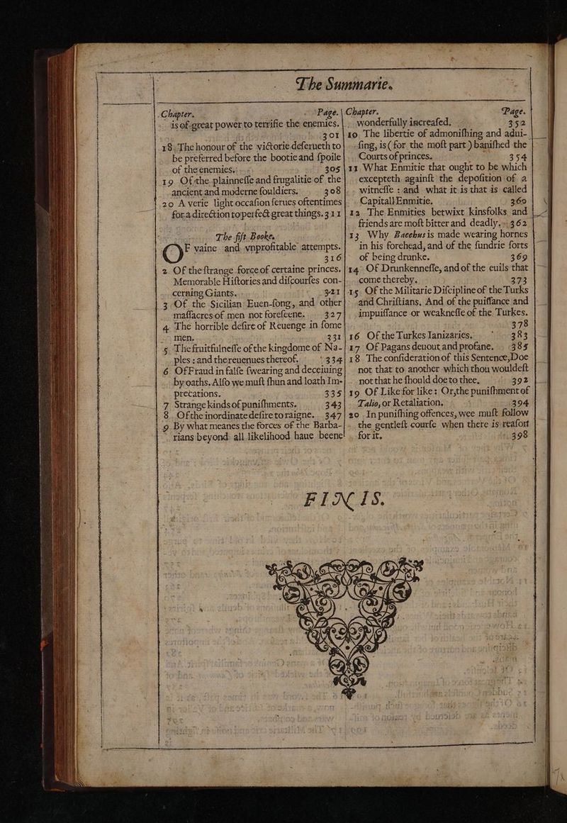 is of great power to terrifie the enemies. se 301 18) The honour of the vi&amp;orie deferueth to be preferred before the bootie and fpoile of the enemies. 305 19 Otthe plainneffe and frugalitie of the ancient and moderne fouldiers. 308 20 Averie light occafion ferues oftentimes fora direction toperfe&amp; great things. 3 1 1 à The fift B coke, Boog. F vaine and vnprofitable attempts. 316 2. Of theftrange force of certaine princes. Memorable Hiftories and difcourfes con- cerning Giants. .- $21 3 Of the Sicilian Euen-fong, and other maffacresof men notforefeene. |. 327 4. The horrible defire of Reuenge in fome men. 331 ples : and thereuenues thereof. 334 6 OfFraud in falfe (wearing and deceiuing by oaths. Alfo we muft fhun and loath Im- precations. 335 7 Strange kinds of punifhments. 343 8. Oftheinordinatedefiretoraigne. 347 9. By what meanes the forces of the Barba- rians beyond. all likelihood haue beene wonderfully increafed, _- 352 10. The libertie of admonifhing and adui- fing, is( for the moft part ) banifhed the Courts of princes. 354 13 What Enmitie that ought to be which | excepteth againft the depofition of. a witneffe : and what it is that is called CapitallEnmitie. 362 | friends are moft bitter and deadly. 362 1; Why Baeckus is made wearing hornes | in his forehead, and of the fundrie forts of being drunke. 369 | come thereby. 373 15. Of the Militarie Difcipline of the Turks arid Chriftians. And of the puiffance and impuiffance or weakneffe of the Turkes. 378 | 16 Ofthe Turkes Ianizaries. . © 3.83 17 Of Pagans deuoutand profane. 385 18 Theconfiderationof this Sentence,Doe | not that to another which thou wouldeft not that he fhould doe to thee, 392 19 Of Likefor like: Or,the punifhment of Talio, or Retaliation. 394 20 Inpunifhing offences, wee muft follow the gentleft.courfe when there is reafort for it. 398 |