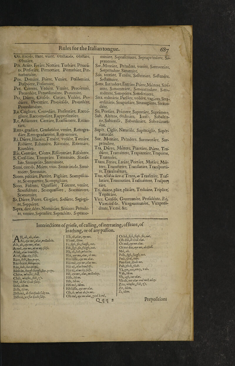 Od. ltacoi<?. Itare. viarc. Obiikcoio. Obltare. Obuiare. Psr. Acut<7. Forare. Nettare. Turbare. P^racù- to. Perforare. Pèrnottàre. Perturbare. Pèr- turbationc. Pos. D^>niani. Porre. Venire. Pofdomani. Pofpdrre. Pofuenfre. Prc. Correre. Vcde're. Venire. Precórrere. Preucderc. Preucdimcnto. Pi eucnire. Pro. Durre. Cónfolo. Curare. Vedere. Pro¬ durre. Procurare. Proconfolo. Prouede're. Prouedimento. Ra, Cogliere. Comodare. Prefentare. Racco¬ gliere. Raccomodare. Rapprefentàre. Re. Airùmere. Cantare. Rcallumere. Recan- tàre. Retro, gradare. Gradatio'ne. venire. Retrogra¬ dare. Retrogradatio'ne. Retrouenire. Ri. Durre. Haue're.Tencre. vedere. Tornare. Ridurre. Rihaue're. Ritcne're. Ritornare. Riuede'rc. Ris. Contrare. Co'ntro.Rifcontrare. Rifeontro. S. Conflato. Temprare. Terminato. Sconfo- lato. Stemprato. Sterminato. Semi, circolo. Morto, viuo. Semicircolo. Semi- morto. Semiuiuo. Scom.pifciare. Partire. Pigliare. Scompifeià- re. Scompartire. Scompigliare. Scon. Fidante. QualTare. Torcere, venire. Sconfidante. SconquaRare . Scontòrcere. Sconuenire. So. Durre. Porre. Giogare. Sodùrre. Sogioga- re. S Opporre. Sopra, dire.de'tto. Nominare. Scriuere.Prande- re. venire. Sopradire. Soprade'tto. Soprano- minàrc. Soprafcriuere. Sopraprandere. So- prauenire. Sor. Montare. Prandere. venire. Sormontare. Sorprandere. Soruenire. So's. tentare. Tenere. Sofientàre. Sofiene're Sotto. Intandere.Entrare,Pòrre.Me'ttere. Seri- nere. Sottoentrare. Sottointandere. Sotto¬ mettere. Sottopórre. Sottoferiuere. Stra. ordinàrio.Parlare. vedere. vagante.Stra- ordinario. Straparlare. Strauagante. Straue- dere. Su. Portare. Primere. Suportàre. Suprimerc.' Sub. Altarno. Ordinare. InteTo, Subaltèr¬ no. Subintelò. Subordinare. Subordinati- one. . Super.' Ciglio, Naturale; Supèrciglio. Supèr- naturàle. - , Sur. Montare. Prèndere. Surmontare. Sur- prSndere. . . , ,, < “ Tra. Durre. Mettere. Piantare. Pórre. Tra-' durre. Tramettère. Trapiantare. Trapórrc, Tratcnere, , Trans. Ferire. I.atarc. Portare. Mutare. Me't- tcre. T ransferire. T ranflatàrc. T ranlportà- re.Tranlme'ttere. T ras. itfed in Iterc of T rans, as T rasferire. T ra/^ latàre. Trasmutare. Trafméttcrc. TraTpopj tare. Tri. duàno.plice.plicare, Triduano. Triplicei ‘ Triplicare. Vice. Confolo. Gouernatore, Prefideate. Rè,’ Viccco'nfolo. Viccgouernatorc. Viceprcli- dènte. Viceré. &c. Intcrieólions of griefe, of calling, of intreating, of feare, of loathing, or of any pafTion. H, rti?, ohj alas„ Ai,4je meyalofj'VC'eUdtliik. Aih, «/>, ayeme^ alas, Ai me, me, alts my felfe. Ai sè,aìaf himCelfe. Ai tc, al tu tlry fife. Bico, boh, boe~peepe. Baco bacò, boe~^eef>e. Bau, boli, boc-j}eepe. BàubaU, boufji beugh, b9e,,peept. Chéto, vahojht, fitll. Chili, who fit, fl ill, T^t. D0, oh for Cods fakp. Dèh idem. Dèh, Idem, Dèh nò, oh fir Gods faì^ no. Dèh sì, yes for Cods fukp. Elei, oh,alas, aye me. E'i me, Idem. Fih ,fgh,fe,f!>ugh,out,' Ha, oh, hah,'whatho. H;ii, aye me,alas, oh me. Hai laflo, aye me alas. Hai me, aye me,alas me.; Hai Se, al.-ts himCelfe. Hai tc, alas thy filfe. Hè, aye me, alas, welladay. Hèh, Idem. Hèi, idem. , Hèl mè, idem. Hèi làiTo, aye me alts. Oh,ó, what oh,ho me, ' Oh me, aye me alas,good Lord. CLqq 2 Oi hòJìgh,fogh. fie, ouil Oh d'iò,oh God aids'. ^ Cy\mè,ayeme alas. • Oi me dio, aye me, oh God, MÓ, uh. E6h,fgh,fi>ugh, out. Può j God, cods. 'P[ioCire,Godsme. Evih,phuh, bhah. Yhygoe,out,away, V an, V ah, idem. Yh,u^i, out alas. Vh uh, out alas and well aday. Zita, whofitjftiU, T^t. Zit, Idem. Zij idem. Prepofitions