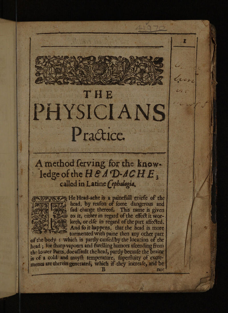 A method ferving for the know. ledgeofthe HEAD-ACHE, called in Latine ¢ ephalagia, a7 He Head-ache is a painefiill eriefe of the S7% head; by reafon’ of fome dangerous and : Beg, fad change thereof. This name is given aSes| 2Z-@ to it, either in regard of the effect it wor- . ACN 158. kech, or elf in regard of the part affected. ote 7) 3, And fo it happens, that the head is. more “s< tormented with paine then any orher part f che body : which is partly caufedby the location of rhe 1 2» i ra the lower Parts, doeaflault the head, partly becaufe the braine > | jg of a cold’ and moyft temperature, fuperfluity of exere- > | ments are therein generated, which if they ‘increafe, and be | B _. not
