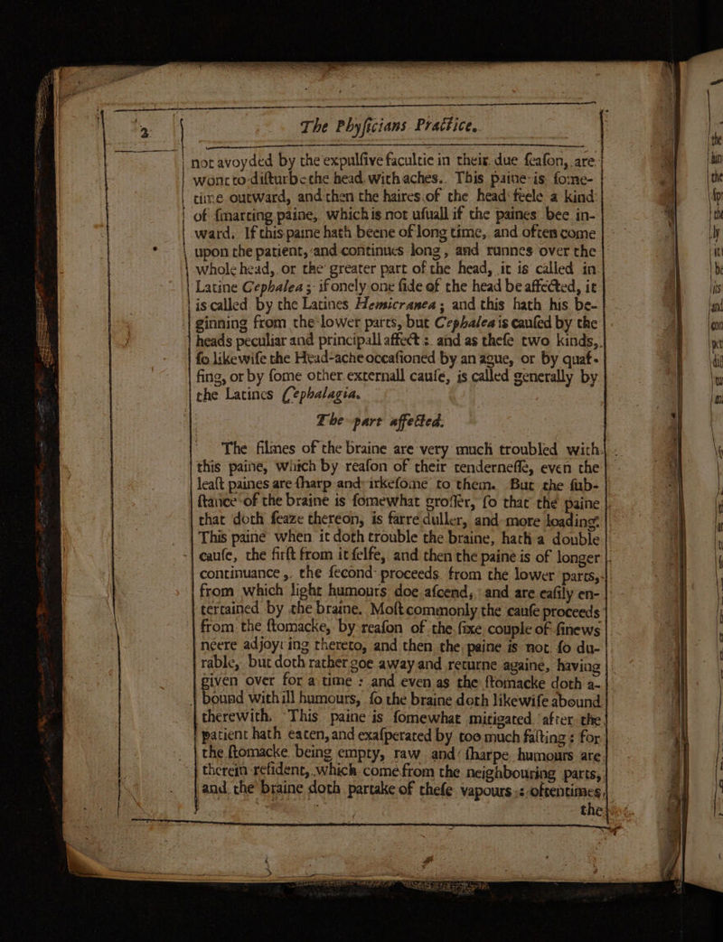 not avoyded by the'expuifive facultie in their. due f{eafon, are. woncro-difturbe che head, with aches.. This paine-is- fome- | time outward, and then the haires.of the head: feele a kind: of {marcing paine, which is not ufuall if the paines bee in- | ward. If chis-paine hath beene of long time, and often come | upon the patient, and continues long, and runnes over the | whole head, or the’ greater part of the head, it is called in | Latine Cephalea ;- ifonely one fide of the head be affected, ie lis called by the Latines Hemicranea; and this hath his. be- | ginning from the-lower parts, but Cephalea is cauled by the heads peculiar and principall affect :. and as thefe two kinds,. fo likewife the Head-ache occafioned by an ague, or by quaf. | fing, or by fome other.externall caule, is called generally by [the Latincs (ephalagia. Lhe part affected. The filmes of the braine are very much troubled with. this paine, whitch by reafon of their cenderneffe, even the lealt paines are {harp andvirkefome to them. But the fub- ftance-of the braine is fomewhat groffer, fo thar the paine that doth feaze thereon, is farre duller, and more loading. This paine when it doth trouble the braine, hath a double caufe, the firft from itfelfe, and then the paine is of longer |. continuance ,. the fecond proceeds. from the lower parts,+| from which light humours doe afcend,.’ and are eafily en- | tertained by che braine. Moftcommonly the canfe proceeds: from. the ftomacke, by reafon of the fixe couple of finews néere adjoy: ing thereto, and then the: paine is not. fo du- rable, but doth rather goe away and returne againe, having | . given over for atime : and even as the {tomacke doth a-|_ | bound withill humours, fo the braine doth likewife abound therewith, This paine is fomewhat mitigated, ‘after. the. patient hath eaten, and exafperated by too much falting : for. | the ftomacke being empty, raw and {harpe humours are, therein refident, which: come from the neighbouring parts, and. the braine doth partake of thefe vapours .: oftentimes, | the &gt; ——— et &lt;-. eas pw