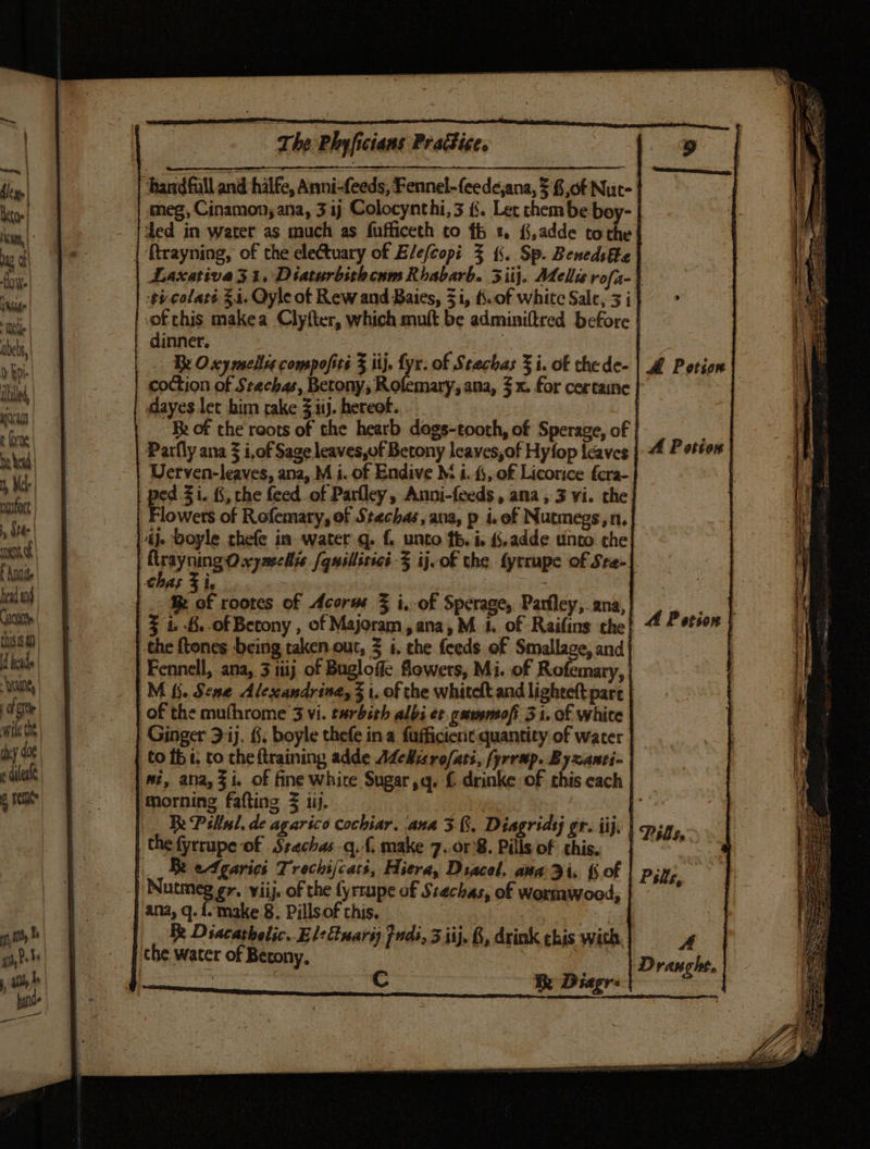 dinner. 7 Be Oxymaclics compofits 3 iij, fyr: of Stachas § i. of the de- dayes let bim rake 3 ii. hereof. Parfly ana 3 i,of Sage leaves,of Betony leaves,of Hyfop leaves lowers of Rofemary, of Stechas, ana, p i. of Nutmegs, 1. J. doyle thefe in water q. f. unto tb. i, &amp;.adde unto che} rey nine eegaeetie [quillisicé 5 ijvof the fyrrupe of Sra- thas 5 i, | | nAt rootes of Acorms 3 i,-of Sperage, Parfley, ana, | 5 1. -£..of Betony , of Majoram, ana, M 4. of Raifins che| the ftones being taken out, 3 i. the feeds of Smallage, and} Fennell, ana, 3 itij of Bugloffe flowers, Mi. of Rofemary, | M {5. Scene Alexandrind, 3 i. of the whitelt and lighteft pare | of the muthrome 3 vi. tarbith albi er guupmofi 31. of white Ginger 3 ij. §. boyle thefe ina fufficient. quantity of water | to tb t. to cheftraining adde ALeMisrofati, fyrrup. Byxanti- | morning fafting = 1. | he Pillul, de agarico cochiar. ana 3G. Diagrids gr. iij. | the fyrrupe of . Srechas-q.f, make 7..0r8. Pills of this. | Re elearics Trechijcats, Hiera, Diacel. ana di, {5 of Nutmeg gy. viij. of the {yrrupe of Stachas, of wormwood, | ana, q. {make 8. Pillsof this. - | Re Diacathelic..El-Guari }ndi, 3 ij, 6, drink chis wich Rae Re Diagrs