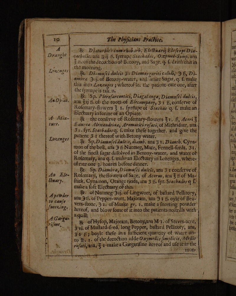 ' rifme, Bs Diaturgit) camrbhabirb, Elettuars Ele [co pi Dia- 5 of the decoction of Betony, and Sage, q (drink this in. th? morning. | , “F Ri Diamufei duleis 3% Diamar cpariti calidi; 3B, Di- amore ij, of Becony-water, and. white Sugar, q: {make this into Loxeages ; whereof lec the patient: eate one, after the fyrrupeis tak-n. : : BR. Sp. Plerefarcontict, Diagalange; Diamnfei dulcis, ana. 51) {§. of: che roots-of Elecampany, 31 §, conferve of | Xofemary-flowers $1. fyrfupe of Stechas ‘gq. (. makean ty Rk the conferve of: Rofemary-flowers 31. £, Acori 3 Su. fyr. Steachadosq, {.mixe thele togecher, and give the patient 3.1 thereof with Betony water. i : Be Sp.Diamufci duteis, diamb. ana 31; Dianth. Cyna- mon of the belt, aria 3; Nutmeg, Mace, Fennell-feeds, 31. of eate one '3/hoares before ditner. Be Sp. Diambre,Diamelci dulcis, ana 3 x conferve of, Rofemary, the flowets of Sage, of Acorns, ana 3 { of Ma- | Be. of Nutmeg’3ij.of Lingwort, of baftard Pellitory, | ana:>71), of Pepper-wort, Majoram, ana 9 1 {, oyle of Bea- vers-{tone, 3 4: of Muske gr, 1. make a {neezing: powder’ of Hyfop, Majoram; Betony;ana Mor. of Staves-acre, 3 vi, of Muftard-feed, long Pepper, baltard Pellicory, ana, 3-¥ § ;-boyle thefe ina fufficient quantity of water un- to fk. 1. of the decoction adde Oxymellis fimplicis , Aellis Poo ommore 1
