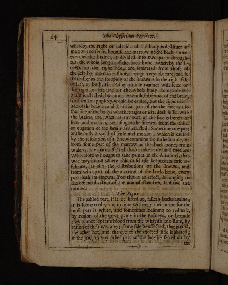 | Whereby-che,tight or‘ loftfide>of the body isideftitite sof'|- jth | ‘| motion anddenfe, becaufe the:marrow of the backe-bone;:|_ Bint | even, as the braine| is divided, into two-parts’ through='|. fet 4 ot the whole. lengrhaofithes back-bone ,awhereb y the fig | 7 al tt news; op the righ fides! are feparated trom ‘thoflé of} a | thedeft:by: a) eertaine, filmés:though Wwery~ob{cure, and {04 | ; | | thereafrer as the, {topping of the finews.1s.in the right fide 4: | | -| Of deft; or both; the Palfey in tike manner will feize ort: | ] the tight,,.ordlefe Gdepor che whole-body. Sometime the ne brat isafteted, but aorchewholeMubttanceof chébrain) 1 fe { forthen an apoplexy-wonld-b¢ caufedy but che right oles | | fru | | fide-of the braine ;and then thac;pare.of che the face asalfo | | Hi | that fide of the body; whether righcor left; doch faffer with | B wih | the braine, and when as: aay part: of the face is bereft sof! | fe fenfe and motion, the rifingiof the finews; fromthe third | he conjugation of the brain aréseffected.; Sometime one part! {| ll | ofthe body is voyd: of fenfe,and motion ; whichis caufed tle’ | by the-refoiution ef a finew! comming trom the braine, br ix be | from, fome: part of the. marrow..of the back-bone; ronal: Bln 1} which 4: the -part;affeted: doth; cakefenfe’ and mociotr)3|, | dae | Wiherefore we ought to take paines: ithe Anacomy, that i pee | | wee may know where this, amufcheife keepetinics:firlt rex \ a | fidencess: as, alfo.:the, diftrsbutions ‘of the Gnews, and i ri from what-patt:of. the marrow. of the: back-bone, every’ rr }ipart hath! its-finews. For this:is ian effecty belonging ro>| ie | the offended action,of the animall: faculties; fenfitive and: ‘H einciued 2; vindiede to sikeeie) Ae Ge Gilenan ‘Sind y 2 wy ci, ‘i Dike Sagas; ‘aan dieing 5 The palfied part, if it be lifted up, falleth-backelagaine; | {\it 1s foone coole, and in time withers; their urine for the SS ee ner — P= a — = | imolt pare is white, ‘and fometimes' inclining to rednetie, |} met ‘by xeafon of the great paine in the Kidneys, or. becaufe sy they cannot {eparate blood from the whayifh 'moifture, by | iy reafon of their weaknes ; if one fidebe affected, tharis-cold, |, ! the orhéer hot; and the tye of the affected ‘fide is abated ; | Poy if the jaw, ‘or any other pare’ of the face be feized on by’ | , Ware Sue ouad 404 tO On am Se) 13a 3 hae Ok erg BY sii, a pe en =, 1g f Wy }