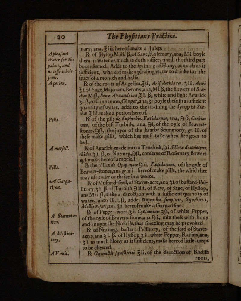 ae ae tees ae regret ee The Phyfitians. Prattice. Mary, anay iit, hereof-make a Julepi «45 400 bo»: A pleafant Re of Hylop Mili. B,of Sage,R ofemary,ana, Mi. boyle Water for the | chemin water-as much as doth iufiice, untill the third part palaiey and | beconfiamed,, Adde to the ttraining of Hony,as much as is no lefje whole} fafficient, whereof make a pleating water todvinke for ‘the fome. | {pace of a moneth and halfe. A potion, R of the roots of Angelica,3 (3, Ariftoloebia rot. 3 iii, Acoré Zi.of Sage,Majoram, Betony,ana,Mi.(3,the flowers of Si¢- chor M 3, Seng Alexandring,z i. (3, white and light Agarick $i (3,0¢Cinnamon,Gingerana,3? boyle thefein auufficient quantityvof water, adde,to the itraining the fyrup.at Ste- chas 3 iii.make a potion hereof. - K of the pils de Eupborbio, Fetidarum,ana, 5 (3, Cochiae rum, ofthe beft Turbith, ana, 9i, of the oyle of Beavers- ftones, 5(3,.the juyce. of the hearbe Scammony, gr. iii-of thefe make pills, which hee mutt.take&gt;when hice gocs to bed. by A morfell. Fr of Agarick,made intoa Trochisk,5 i. Hiere discolecyne thides 3.1. G0: Nutmeg, 3, conierve of Rofemary flowers A.make hereof.amorfell. wit | Pills. Kx the pilles de Opepsnace Dit. Fetidarum, of theeyle of Beavers~ftones,ana gr xii. hereof make pills, the which hee may ule twice or th: ice'ina wecke. A &amp; of Muftard-feed, of Staves-acre,ana $1.0f baftard-Pel- | litory.31. ($,0f Turbich.5 iia, ot Rew, of Sage, of Hyflop, ana M1i.(3,make.a deco&amp;ion witha fuffic ent quantity of water, unto 1b, i, (3, adde, Oxpmeellis.. fimplicis, Squillizi.s, Melis rofatizana 31. hereof make.a Gargarifme. of Peppe- wart.3 i. Cyelaminis 3(3, of white Pepper, of the oyle of Beavers-ftonejana 5.15, mix thefe with, hony and «neyntthe Noitrils,that {neezing may be provoked . AMiti K of Nutmeg,’ baftard:Pellitory, of the feed ‘of Staves- iftice- acres,ana 3 i. 3. of Hyffop.3 in. white Pepper, Raifinsjana, ef Garga- rijme, A Sternuta- 4207. tory.