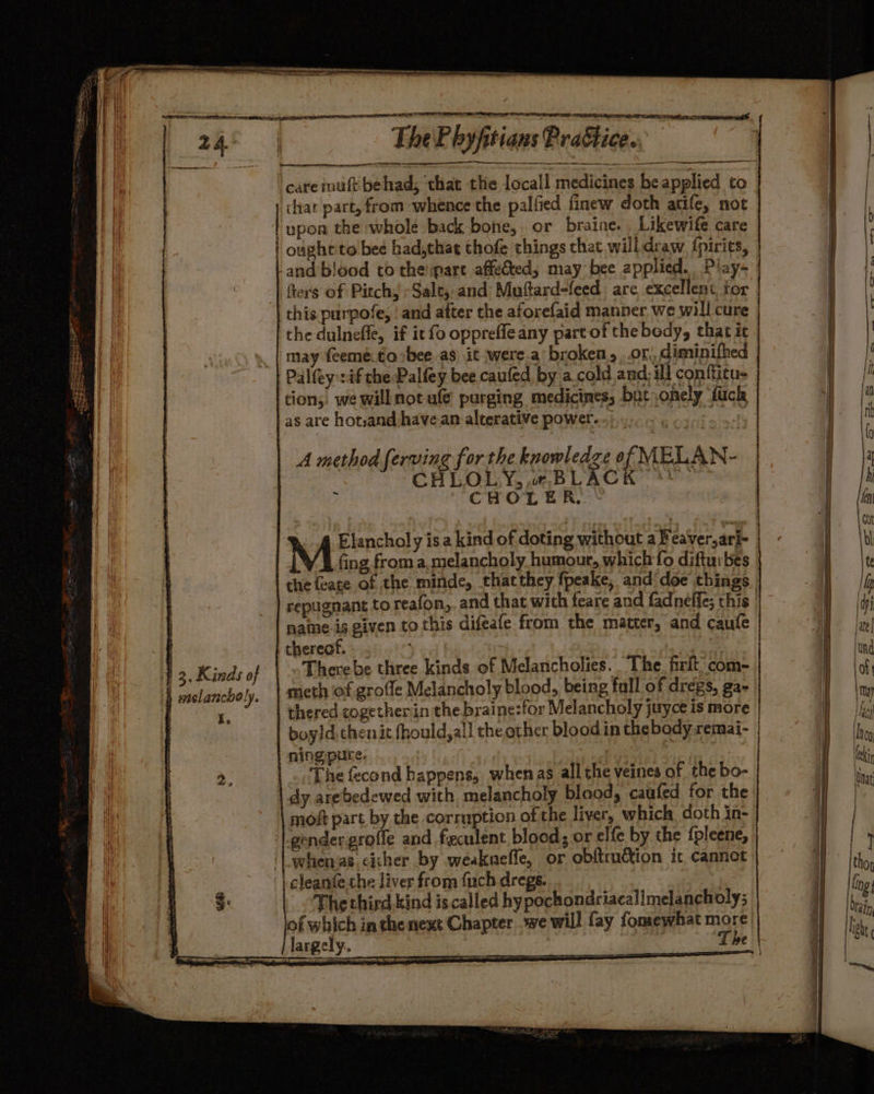 ! upon the whole back bone, or braine. Likewife care oughe to bee had,that thofe things that will draw fpirits, and blood to the pare affedted; may bee applied. Play- fters of Pitch, -Salt, and Muftard-feed are excellent for this purpofe, and atter the aforefaid manner we will cure the dulnefle, if ic fo opprefleany part of the bedy, that it may feeme.to bee as) it were.a’ broken, . or, diminifhed Palfey if the Palfey bee caufed by a.cold and: ili confticu- tion; we willnot ule purging medicines; but yonely ‘fuck as are hot,and have an alterative power... sia efy | A method ferving for the knowledze of MELAN- CHLOLY,..« BLACK CHOLER., Est Elancholy isa kind of doting without a Feaver,ari- fing froma, melancholy humour, which fo difturbes the feate of the minde, that they fpeake, and'doe things. repugnant to reafon,. and that with feare and fadneffe; this | naime-is given to this difeafe from the matter, and caufe thereof. | There be three kinds of Melancholies. The frit’ com- meth of groffe Melancholy blood, being fall of dregs, ga- thered cogether in the braine:for Melancholy juyce is more boyd chen it fhould,all the other blood in the body remai- ning pure. ae | The fecond happens, whenas all the veines of the bo- dy arebedewed with melancholy blood, caufed for the mot part by the corruption of the liver, which doth in- ‘|. gender.grofle and fzculent blood; or elfe by the f{pleene, ‘_whenas cicher by weakneffe, or obftrudtion it cannot ‘| cleanfe.the liver from fuch dregs. The third kind is called hypochondriacallmelancholy; of which in the next Chapter we will fay fomewhat more largely. The ; aa ha “o Su mt ct \&amp; oh © 3 S > 0) =] Cy Ce] et Bd @ a © fw perce are ¢d ow Here) =| 3 2. i) tt a ie : mt g dont 0 ‘ o? w i =) © Se RE IIE OE NAEP nan ta Tr aa 3 LL LL LLL ODL LN ODE A ALC AT te