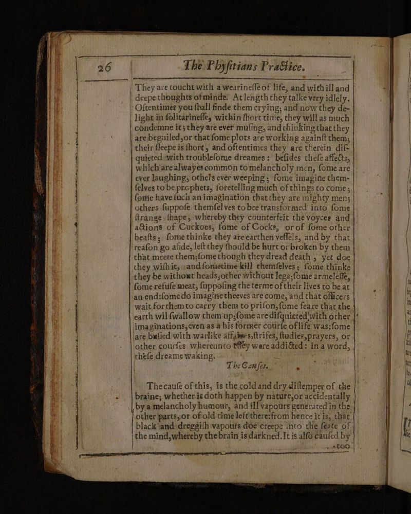 ee ee eS! Sa ee stats ab thE iN Nt tt Meneses nan IA me H ON | } | | The Phyfitians Pratlice, They are toucht with a'wearine(ffeot life, and with ill and deepe thoughts ofminde. At length they talke very idlely. condemne its they are ever’ mufing, and thinking that they are beguiled,or that fome plots are working againft them; their fleepe is fhort, and oftentimes they are therein dif- quieted with troublefome dreames: befides thefé affects, which are alwayes common to melancholy men, fome are ever laughing, othe?'s ever weeping ; fome imagine them- {elves to be prophets, foretelling much of things to come; fomie have {uci an imagination thatthey are mighty men; others fappofe themfel ves to bee transformed into fome ftrange . fhape, whereby they counterfeit the voyces and aGions of Cuckoes, fame of Cocks, orof fome other beafts,: fome thinke they are earthen vellels, and by that ‘reafon go alide, left they fhould be hurt or broken by them ———e ‘ Thecaufe of this, is the coldand dry diftemper of the braine; whether.i¢ doth happen by nature,or accidentally bya melancholy humour, and ill vapours generated in the other parts,or of old time lefethere:from hence it is, that black and: dregeith vapours doe'creepe into the feate of the mind,whereby the brain is darkned.It is alfo caufed by . #€O0 eed