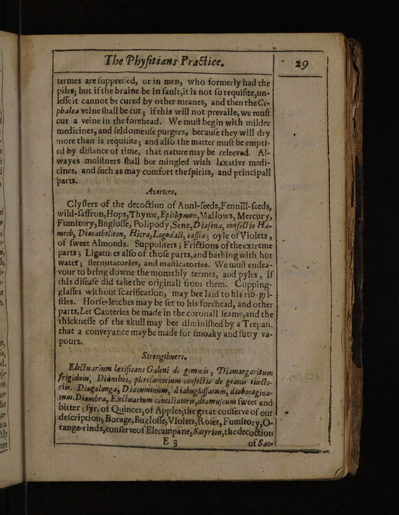 The Phyfitians P ory | termes. are {uppreiied, or its men, who formerly had the | piles; but ifthe braine be in faule,it is not fo requifite,un- | deffcic cannot be cured by other-meanes, and thenthe Ce~ | phalea veinethall becut ifchis will not prevaile, we mutt | cue a veinein theforehead. We mutt begin with milder | medicines, and feldomeufe purgers, becaufe they will dry | more than is requifite, andallo the matter mutt be empti- ed by diftance ot time, that naturemay be relceved. Al- wayes moiltners fhall bee mingled with laxative medi- | cines, and.fuch as may comfort thefpirits, arid principall | | parts. : : Averters, | Clyffers-of the deco&amp;tion of Anni-feeds,Fennill-feeds, | wild-faffron, Hops, Thy me, Epithymon,Mallows, Mercury, | Fumitory, Bnglofle, Polipody,Sene, Disféna, confellio Ha- | | mech, Discatholicon, Hicra,Logodali, caffia; oyle of Violets , | of {weet Almonds. Suppofiters ; Fri€tions of theextreme { parts; Ligatu: es alfo of thofé parts,and bathing with hot | water; {ternutatories, and mafticatories. Wemutt endea- | vour to bring downe:the monethly termes, aud pyles, if j this difeafe did takethe originall from them. Cupping- | glafles without {carification, may bee laid to his rib- gri- | ftles. Horfeeleeches may be {et to his forchead, and other parts, Let Cauteries.be made in the coronal] feame,and the thicknefle of the skull may bee diminifhed by a Trepan, that a conveyance maybe made for tmoaky and futty va- pours. ) Strengthners, EkGusrium latificans Galeni de Lemmis . Diamargaritum Frigidum, Dianh ri 04s plere(arcotidm confettio’ de granis tinEo- 110. Diagalanga, Diacuminum, | d tabuglo(jatum, diaboragina- 16. Diambra, Eleciwarium conciliator,diamuscum {weet and bitter ; fyr, of Quinces, of Apples;the great couferve of our: de(cription; Borage, Buzlofle, Violets, Roles, Fumitory,O- | tange-rinds,conferveof Elecampane;$ aprion,thedeco@ion E