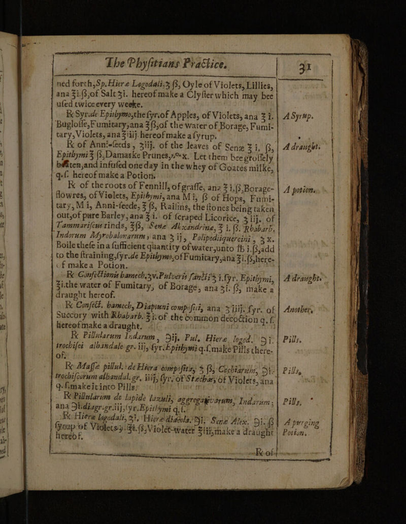 ro are | ore | ADRAC me Se a I tts tI ned forth, Sp. Hier Legodali,3 (3, Oyle of Violets, Lillies, ana 3i.(3,0f Salt 3i. hereof make a Clyfter which may bee ix Syride Epithymo,the fyr.of Apples, of Violets, ana 31. | ASyrep. | Buglotfe,F umitary,ana 3,of the water of Borage, Fumi: | | tary, Violets, ana Ziiij. hereof make afyrup. | ra | Roof Annisfeeds, 3iij. of the leaves of Sen Zi, B,| Adraugle. Epithymi 3 (3, Damaske Prunes,7°x. Let them bee groflely b@iten,and infufed one day inthe whey of Goates milke, i qf hereof make a Potion. Ke of the roots of Fennill, of graffe, ana Z 1,{3, Borage- | flowres, of Vielets, Epithymi, ana Mi, 8 of Hops, Fumi- tary, Mi, Anni-feede, 3 (3, Railing, the ttones being takea out,of pure Barley, ana Zi. of fcraped Licorice, 3 jij. of Tammarifcus rinds, 2(3, Sena Al, xandrine, % i, (3. Rbabarb. Indorum A4yrobalonarun ana &gt; ips Polipodiiquercini lp S'S Boile thefe ina fufficient quantity of water,unto fh i.f3,add | 4 to the ftraining,fyr.de Epithymo,of Fumitary,ana Zi.(3 here- of makea Potion. | , Re Gonfettionys bamech,2v.Pulveris fantt; 3 i.fyr. Epithymi, Zi.the water of Fumitary, of Borage, ana 3i. (8, make a draught hereof. | KK Confect. bamech, Diapiuni compifiit, ana iii}. fyr. of Succory ‘with Rhabarb.Zi-of the common decoction q. f. hereof make.a draught. ia Kk Pillalarum Indarum, Dij. Pal, Hiere. logod. 9i. trochifeé albandale gr. ii}, fyr:Lpithywi gf, make Pills there. | of, Re Maffe pillul. «de Fiera compofita, 3 (3, Cochtaruin, 5}. trochi/corun: abbandal. ov, iiij, yr, Of Stechasy Of Violets, ana 9 fimakeitinto Pills: | ‘ Re Pillslarum de lapide lazuli, ageregaguarum ana Wediagrgr.iij;(yr.Epithymi q.f A potion. A draughts Another, ony Q °h7. &amp; L255 &gt; ANAATUM : &gt;) qe : gt fa ‘ ° : i 2 . i Hiere lagadali, 31. Tiere! dacs Di) Seng Alex. Di. (3 fynup of Viokets 3! 21.8, Violet-apater Stim hered f, A purging L ye ig ake 2 draught |. Potton, - Be ofet a x —— agen a en ae . anette ee = oe a SRS eR CNN et ast «et:
