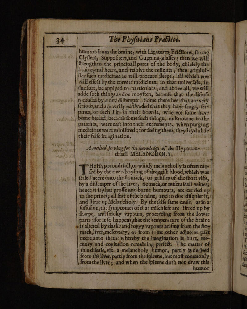 humors from the braine, with Ligatures, FriGtions, {trong Clyfters, Suppofiters,and Cupping-glaffes; then we will ‘ftreagehen the principall parts of the body, chicfelythe brainejand heart, and refolve the reliques ; then: adminti- fter fuck medicines as will procure’ fleep¢ 5: .allowhich. wee: will effe&amp; by the former medicines, fo that: univerfals; in due fort, be applyed to particulars; and above all, we will | adde fuch things asdoe moyften, becaufe-that the difeate ferious,and are verily perfwaded that they have frogs, :fer+ pints, or fuch like in their bowels, :whereof {ome ‘have beene healed, becanfe fomefuch things, unknowne tothe | patients, were caft into their excrements, when purging | medicines were miniftred ; for feeing them, they laydafide their falfe imagination, : A nizthed serving for the knowledge of zbe Hypocon- driaill MELANCHOLY, HeHypocondriall,or windy melancholly is often caux | Tia by the over-boyling of dreggifh blood, which was. || -feled neere antothe ttomack,’ or. griltles:of:the thort ribs, by a diftemper of the liver, ttomack,or miferaicall veiness | hence itis,that groffe and burnt humours, are carried:up |; | to the priricipall feat:of the braine; and fo doe:difquier iz; | and ftirre up Melancholy. By the felfe fame caufe, asin a fuffulion,the fymptomes of that mifchiefe are ftirred up by fharpe, and{moky vapours, proceeding from the lower parts : for it fo happens,that she temperature of the braine is altered by darke and fopyy vapours arifing from the ftos mack,liver,mefentary;, oc from fome other adjacent: part neereunto. them; whereby the imagination. is hurt; me- mory and cogitation «cmaining perfeé&amp;t. The matter of this difeafe, viz. a melancholy humor, partly, isderived from the liver, partly from the fpleene but moft commonly. -frdmthe liver; and when thefpleene doth not is this he umor —-—- =-—