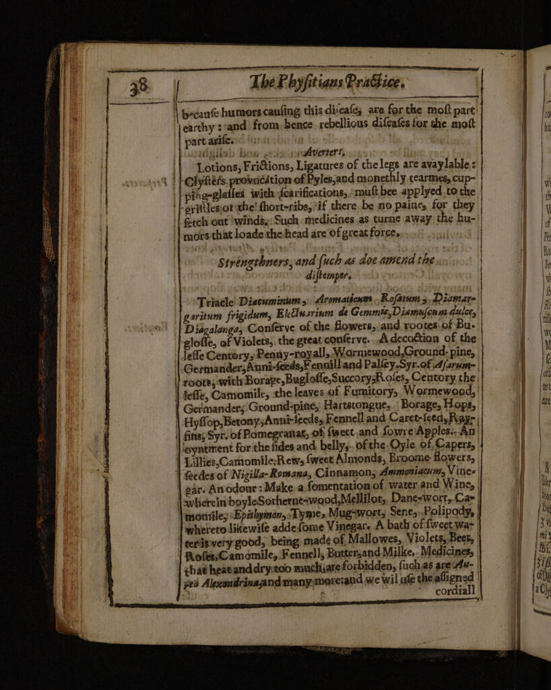 humorscanfing this dileat are forthe molt pare from- hence rebellious difeafes tor the mot | pecan ‘earthy sand part arife. re HAgsas 2? £998 2% ADE: i fAverters, : 7 i} Lotions, Fritions, Ligatures of the legs are avaylable &lt; | | }Clyftéls, prevacition of Pyles,and monethly cearmes, cup- i | pingeglafles wich fearifications,, muft bee applyed to the a -prittles:ot the! fhort-ribs, ‘if there be mo paines for they ih | £tch out winds. Such medicines as turne away the hu- | ie ‘| mors that loade the head are of great force. i] | i Strengthners, and [uch as doe amend the. | | : diftemper, Triacle Diecuminum Aromaticnes Rofatum 5 Diamar | ‘| garitum frigidum, Eletlsavinm de Gemmts,Diamufenadulee, | Diagalange, Conferve of the flowers,.and rootes.of Bu- gloiie, of Violets,. the gteat conferve. A decottion of the | Jeffe Centory, Penny-royall, Wormewood,Ground. pine, | Germander;Anni-fceds,¥ ennilland Palley.Syr.of d/aram- |) coors, with Borage, Bugloffe,Succorys ofes, Centory the ) | leffe, Camomile, the leaves of Fumitory,. Wormewood, Germanders Ground:pine, Hartstongue, .. Borage, Hops, Hy op,Betony,Anni-leeds, Fennell and Caret-{eed, Rage | fins;Syr, of Pomegranat, of feet and fowre'Apples.. An: 'Jeyntiment for the fides and, belly,.. ofthe. Oyle. of, Capers, | | Lillies,Carnomile;Rew, fweet Almonds, Broome flowers, 1 fecdes of Nigilla- Romana, Cinnamon, Ammoniacim, Vines | ear. Anodour: Make. afomentation of water.and Wine, | jowherein boyleSotherneswaod,Mellilot,, Dane-wort,.Car | | motile; &lt;Epzthyman, Tyme. Mugswort, Sene, Polipady, | | qwheretolikewile addefome Vinegar. A bath of fweet wa- | lterisivery good, being made of Mallowes,. Violets,.Bees, | Roles; Camamile, Fennell, Buttcr;and Milke,. Medicines, chat heatanddry:tdo muchjare forbidden, fuchas are Ae- | | ;ied Alexoudrinaandmany-moreiand we wil ule the afligned | i a ~~ cordiall —