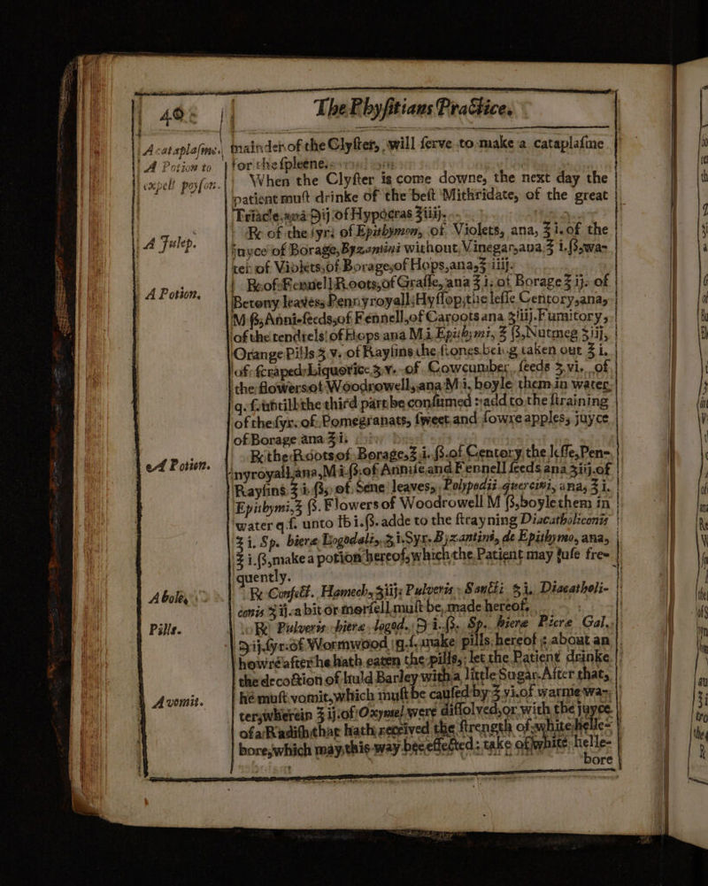 | 408 {i The Pbyfitians Prattice. 4 ) (eee , | Acataplafme., maindenof the Clyfter, will ferve to make a cataplafme LA Potion to | for che fpleeneisr ras! vom | | expel poyfon.|| When the Clyfter is come downe, the next day the f natient mut drinke of the beit Mithridate, of the great u Triacle, axa Diy Of Hypocras Ziti}... | Ba}: Re of the fyri of Epithymon, of Violets, ana, 3 1.0f the huyce of Borage, Byzamtiné without, Vinegar,ava i. (Sswa- te of Vidlets;of Borageyof Hops,ana, iii}. | RoofsRennel] Roots,of Grafle, ana Zi, ot Borage3 ij. of | | A ‘Julep. Bereny Teavéss Pennyr oyall; Hyffop;tie lefle Cen torysanas M GB Anni-fecds,of Fennell,of Carootsana 3/iij.Fumitory, lof the. tendrels' of Hieps ana Mi Epuhy wat, Z (3,Nutmeg S11, \\Orange Pills 3. of Raylins the fiones.bei.g taken out 3 i. | rr cc lem At TS SP ' ————— on ane hé mut. vomit.which multbe caufed’by 3 vi.of warme war, § Avomit. : a PO, a sages, see H i terswhicrein 3 ij:of Oxynte/ were diffolyed,or with the jayee. | Le le ofaRiadiththar hath zeceived the fir spent ofsehe eI bore, which maythis-way beeeffetted: take offephite: helle- | bore ‘4 lof fcrapedsbiquorice 3:¥. fF Cowcumber. feeds 3.vi. of 3 ‘ | the flowersot Woodrowell,.ana’M i, hoyle themin water. j | q.fetibtilbthe third part be confumed s:addto.the {training | ee of thefyx. of. Pomegranats, fweet.and fowre apples; juyce i of Borage ana Zis giv bese } | { eA Potten Rithe Rots of Bor ages d. {s.of Centory the Icfle,Pen-. | | | : f “nyroyalljana,M i. (3.0f, Annife and Fennell feeds ana 3iij.0f | | , : Raylins 3 hk (35 of Sene leaves, Polypediz.querciz, aRas 3 i. | ) | i Epibymi.3 (3. Flowers of Woodrowell M (,boylethem in | : ‘water q.f. unto fbi.{3.adde to the ftrayning Diacatholiconiy | ear i, Sp. biera Lingadaliy 3 iSyx.Byzantini, de Epithymo, ana, | tae : FE as potion hereof, which the Patient may fufe fre | h a uently. | | balay » 17 Be Canfetl. Homecka sii Puloerie» Sontti_ 5 i,, Diacatheli- ‘ Ml conis 3 ja bitormer. ell. muft be, made hereof, . 1 ” ii Pills. 1 Lo Re! Pulverss. hiere logod..: ¥i..(3,. Sp. hiere Picre Gal.. | Dipfyrof Wormwood qt, inake pills, hereof: about an |. ih a howréafterhehath eaten the pills,; let the Patient drinke |: i ‘the decoftion of huld Barley witha little Sugar.Aiter that | :