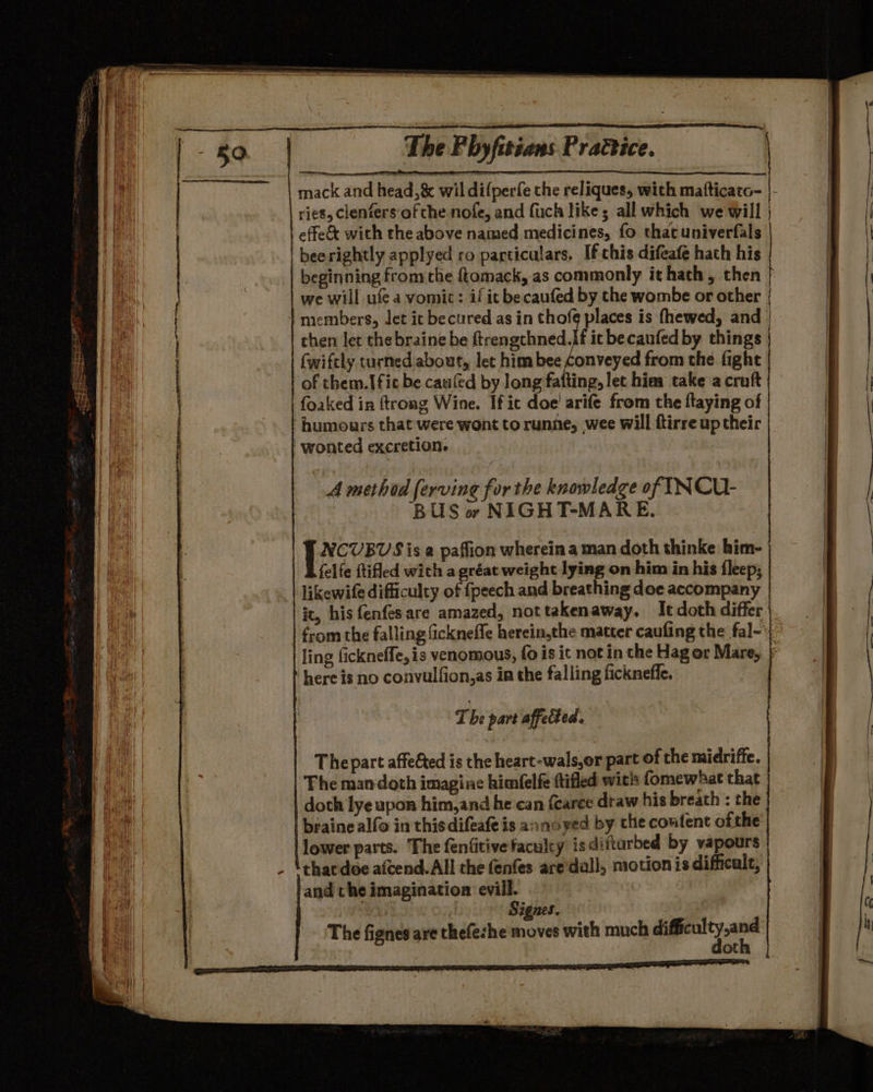 : | beerightly applyed ro particulars. If this difeafe hath his beginning from the ftomack, as commonly it hath, then we will ufea vomit: if it be caufed by the wombe or other | members, Jet ic becured as in thofe places is fhewed, and | chen let the braine be engined it becaufed by things | {wiftly turned about, let him bee Conveyed from the fight of them.Ific be caufed by long fatting, let hies take a cruft foaked in ftrong Wine. If ic doe’ arife from the flaying of humours that were wont torunne, wee will ftirre up their wonted excretion. “A method ferving for the knowledge of INCU- : BUS ow NIGHT-MARE. NCUBUVS is 2 paffion wherein a man doth thinke him- felfe ftifled wich a gréat weight lying on him in his fleep; likewife difficulty of fpeech and breathing doe accompany Mic, his fenfesare amazed, nottakenaway. It doth differ from the falling fickneffe herein,the matter caufing the fal- ling fickneffe, is venomous, fo is it not in the Hag or Mare, | here is no convulfion,as in the falling fickneffe. The part affected. The part affected is the heart-wals,or part of the midriffe. The man-doth imagine himfelfe ttifled with fomewhat that doth lye upon him,and he can {caree dtaw his breath : the braine alfo in thisdifeafe is annoyed by the coufent ofthe lower parts. The fenfitive faculty isdiftarbed by vapours thacdoe afcend. All the fenfes aredall, motion is difficult, and the imagination vill. | | J Signes. The fignes are thefeshe moves with much fipelty and otk