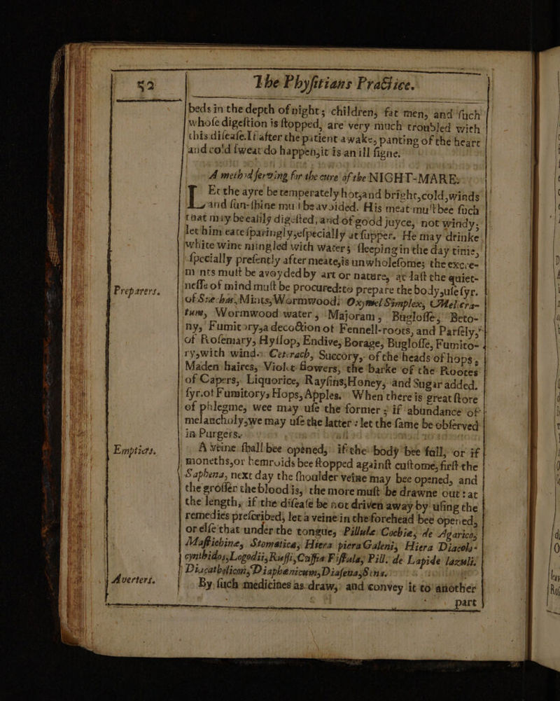 ( | Preparers. Emptiers. it Averters, fat men, and fuch » panting of the heart itisanill figne. A meth fering fur the cure’ of the NIGHT-MARE: and fan-(hine mu't be avoided. His meat-my'tbee foch taat may beealily digefted; and of good juyce, not windy; lec him ea teiparinglysefpecially at fupper. He may drinke white wine niing led wich waters fleeping in the day tinic, neffe of mind mutt be procured:te prepare the body,ule (yr. of Sechas, Mints, Wormwood: Oxymeel Stemplex, Ueliera- tum, Wormwood water, Majoram , Bugloffe;, Beto- of Rofemary, Hyflop, Endive, Borage, Bugloffe, Fumito- ry,with wind.» Cerrach, Succory,: of the heads of hops, Maden ‘haires, Viole: fowers, the ‘barke ‘of the Rootes of Capers, Liquorice, Rayfins;Honey,-and Sugar added. fyr.ot Funsitorys Hops, Apples.” When chere is great tore of phlegme, wee may ufe the former : if abundance ‘of melancholy, we may ufe the latter’: let the fame be obferved in Purgersy | Te + Saphena, next day the fhoulder vetne may bee opened, and the length, if the difeaé be not driven away by ufing the remedies preforibed) let a veinein cheforehead bee Opened, or elic that under the tongue; Pillule Cochie, de Agarico, Maffichine, Stomstice; Hiera pieraGaleni, Hierz Diacoly- eynthidos,Logodii, Ruffi,Caffia Fiffulay Pill: de Lapide lazuli. DiscatbolicansD iapbe nicum,Disfenas8 0. of ! By. fuch medicines as:draw,: and convey it to another