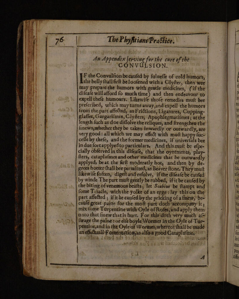 An A ppendix | ervine for the cure of the CONVULSION. | a the Convulfion be caufed by fulneffe of cold humors, the belly thall firft beloofened witha Clyfter, ‘then wee _|may prepare the humors with gentle’ medicines, (if the difeafe will afford fo much time) and then endeavour to expell thefe humours. Likewife thofe remedies mutt bee prefcribed, which may turne away,and expel! the humors trom the part affected, as Fri&amp;tions, Ligatures, Cupping- glafles, Gargarifmes, Clyflers; Apophlegmatifmes; atthe finews;whether they be taken inwardly or outwardly, are very good : all which we may effect with moft happy fuc- cefle by thefe, and the former medicines, if univerfals bee in due fortapplyedto particulars, And thismutt bs efpe- cially obferved in this difea(e, that the oyntments, play- fiers, cataplafmes and other medicines thac be outwardly grees hotter fhall bee permitted, as Beaver ftone. They mutt the biting of venemous beatts; let Scabins be ftampt and fome Triacle, with the yolke of an egge's lay thison ‘the part affetted ; if it be caufed by the pricking of a finew,' be- caule great paine for the moft part doth*aceompany ic; mix tome Turpentine with'Oyle of Rofes;'and apply them anto that finewthatis hurt. For this’doth very much al an effeCtualb P oméntationsjas.alfoa good Cataplafnie,”