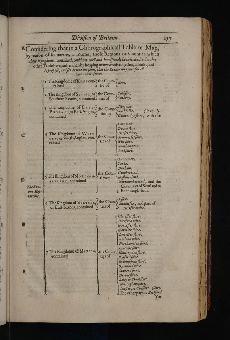 A —— ee | ‘Divifion of Britame. 20357 A Confidering thatin a Chorographicall Table or Map, by reafon of fo narrow a roóome ; thofe Regions or Counties which theft Kingdomes contained, could not: well and band [omely be defcribed = In. this other Table here rather than by heaping many words together,I think good ; to propofe, and fet downe the fame, that the Reader may once for all have aviewofthems '£ 5 TheKingdomeofKent seen Coun- $ E | 1 x : ent. 3 | nidtaled. «os. .$ tie of 2 TheKingdom of Sv s sz x orothe Coun- cstPfex. | ~ Southern Saxons, containedS tiesof — 9 Swthrey. z 5 The Kingdome of Ea s r- : Norfolke. ENGLAND,or Ei Angles othe eon TOsutbfelke. (Ile of Ely. ; contained | M ~ Cambridge fire, with the Cornwall. | Dev [bire. C 4 The Kingdome of We st- : Dorfet fhire. ds ex, or Welt-Angles, con- ithe Coun- | Sommerfet hire. tained ^ - ties of + Wilt fire. | 2s Southampton. V | Berkfbire, Wu ] tu 7 T1 1 ipLanéaifer. — ES 3515 | Yorke. I. 1 cU lU oou the Coun-| Cumberland. coc NL NN T PiEgiiupeo | Northumberland , and the The Sax- | Countreys ofScotlandto ons Hep- | S 4t. Edenburgh-frith. : tarchie, fi ; à ; eps Effex. 6 TheKingdom of E's AT SEX, the a Middlefex , and part of | ox Eaft-Saxons,contained S ticsof Hertfordjpire. - | 1 ((Glocefter /Lire. &amp; 4 | |irefrd hires iY Worcefter hire. Warwick fhires ' é Leicester [hires i n Rotland fhire. : | | A Northampton [hires Lincolne fhire. 7 The Kingdome of Mz RCIA, : nedon [Lire. contained Taupe tigsof — | Bedford fire. Buckingham fhire. Oxenford [hire. | Stafford fhire. | Derbiefbire. ETS conca d arre — | Salop or Shropfhire. Nottingham fhire. | Chefter, or Chefbire. (shire. The other part of pis et