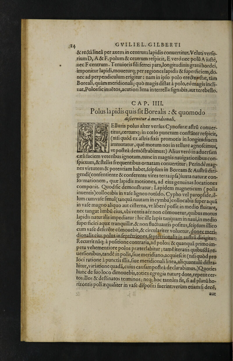 & rcdlalinca per axem in centrum lapidis conuertitur. Veluti verfo- riumD, A & F, polum & centrum refpicit, E vero nec polu A iufte, nec F centrum. Tenuioris fili ferrei parsjongitudinis grani hordei, -imponitur lapidi,moucturc]^ per regiones lapidis&fuperficiem,do¬ nec ad perpendiculum erigitur; naminipfo polo ercd^uiwftat,tam Boreali, quam meridionali - quo magis diftat a polo,edmiagis incli- nat.Polos fic inuetos,acutiori lima in terrella fignabis,aut terebello. C AP. iiir. PoluslapidisquisfitBorealis :&quomodo difeernitur d meridionali^ EUuris polus alter verfus Cynofuri aflru conuer¬ titur,certumej; in coelo punctum conftaterrefpicit, (nili quod ex aftris fixis promotis in longitudinem immutatur, que motum nos in tellure agnofeimus, vt poftea demoftrabimus;) Alius verd in aduerlam caeli faciem veteribus ignotam,nunc in magnis nauigationibus con- fpicu^j&ftellis frequentibus ornatam conuertitur: Perinde'mag- nes virtutem & potentiam habet,feiplum in Boream & Auftrudiri— gendi(con(enticnte &conferente vires terraipla)iuxta naturae con¬ formationem, qua: lapidis motiones, ad eius genuinas locationes componit. Quod fic demonftratur: Lapidem magneticum (polis inuentis)coIlocabis in vafe ligneo rotudo, Cypho vel paropfide,il- lum cumvafe fimul(tanqua nautam in cymba)collocabis fuperaqua in vafe magno aliquo aut cifterna, vt libere' polfit in medio fluitare, nec tangat limbu eius.vbi ventis aernon c6mouetur,quibus motus lapidis naturalis impediatur: hic ille lapis tanquam in naui,in medio fuperficiei aquae tranquiIl*,&non fluituantis pofitus,feiplum illico cum vafe deferete c6moucbit,& circul^riter voluetur. doner meri- ^nahs eius pnliism frprff[k>nes.feptetrionalis in anftr.-. /Hprittir: Recurrit naq; a pofitione contraria,ad polos: & quanqua primo im¬ petu vehementiore polos pr^terlabitur; tamciteratis quibulclare- uerfionibus,tande in polis,fiuc meridiano,acquiefcit (nifi quod pro loci ratione apunctisillis,fiue meridionali linea,aliquantulii diftra- hitor,variationequada,cuius caufampoftei declarabimus.)Quoties hunc de fuoloco dimouebis,totics egregia natur? dote,repetitcer- tos illos & deftinatos terminos; neq; hoc tantiim fit, fi ad planu ho¬ rizontis poli aequaliter in vafe diipollti fiierintiveriim ctiamfi dece.