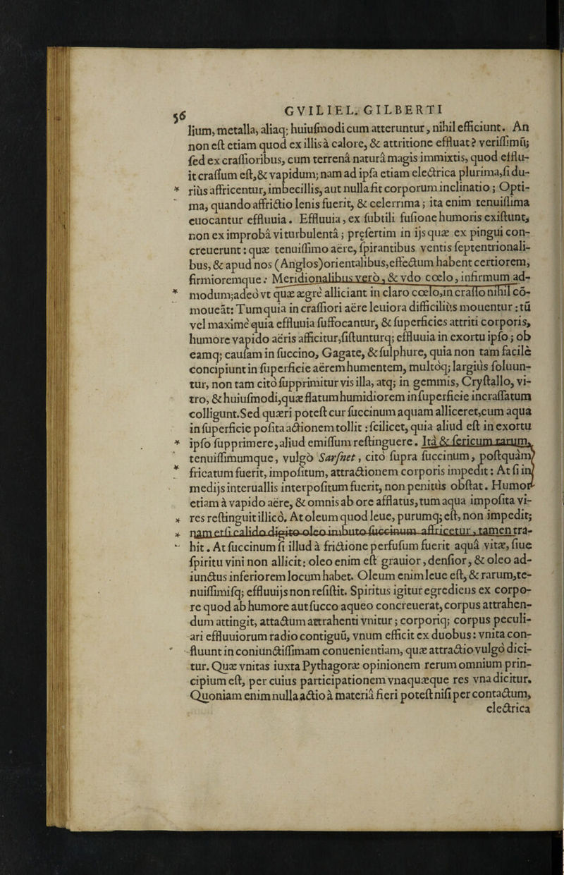 lium, metalla, aliaq; huiufinodi cum atteruntur, nihil efficiunt. An non eft etiam quod ex illis a calore, & attritione effluat ? veriffimu; fed excraffioribus, cum terrena natura magis immixtis, quod efflu¬ it craffum eft,8c vapidum; nam ad ipfa etiam eledrica plurima,ii du- riusaffricentur, imbecillis, aut nulla fit corporum inclinatio; Opti- *■ ma, quando affridio lenis fuerit, & celerrima; ita enim tenuiflima cuocantur effluuia. Effluuia, ex fubtili fufione humoris exiftunt^ non ex improba vi turbulenta; pr^fertim in ijsqu^ ex pingui con- creueruntiqux tenuiffimo aere, fpirantibus ventis feptentrionali- bus, & apud nos (Arfglos)orientalibus,eflFedum habent certiorem, firmioremque; Tv^dionalibus verQT& vdo coelo,infirmum ad-^ * modumjaded vt quae xgre alliciant in claro coelo,in crafio nihiTco- moucat: Tum quia in craffiori aere leniora difficilius mouentur :tu vel maxime' quia effluuia fuffocantur, & fupcrficies attriti corporis, humore vapido aeris afficitur,riftunturq; effluuia in exortu ipfo ,* ob eamq; cauwm in fuccino. Gagate, &fulphurc, quia non tam facile concipiunt in fiipcrficie aerem humentem, multoq; largius foluun- tur, non tam cito fiipprimitur vis illa, atq; in gemmis, Cryftallo, vi¬ tro, & huiufmodi,qu^ flatumhumidiorem infuperficie incraffatum colliguntSed quseri poteft cur fuccinum aquam alliceret,cum aqua I in fupcrficic pofita a^fionem tollit: fcilicet, quia aliud eft in exortu ^ ipfo fupprimcrejaliud emiffumreftinguere. Tm^ ferienm carum^ tenuiffirnumque, vulgo Sarfnet ^ cito fupra fuccinum, poftquani; ^ fricatum fuerit, impofitum, attradionem corporis impedit; At fi iiJ medijs interuallis interpofitum fuerit, non penitus obftat. Humop etiam a vapido aere, & omnis ab ore afflatus, tum aqua impofita vi- res reftinguit illic6. At oleum quod leue, purumq; eft, non impedit; pa]iflQ_flf^it£> nlf^nmibiirnffirc^ qffriretur ,iamentra- hit. At fuccinum fi illud a fridlione perfufum fuerit aqui vit^, fiue fpiritu vini non allicit: oleo enim eft grauior ,denfior, & oleo ad- iundus inferiorem locum habet. Oleum enim leue eft,& rarum,te- nuiffimifq; effluuijsnonrefiftit. Spiritus igitur egrediens ex corpo¬ re quod ab humore aut fucco aqueo concreuerat, corpus attrahen¬ dum attingit, attadum attrahenti vnitur; corporiq; corpus peculi¬ ari effluuiorum radio contiguu, vnum efficit ex duobus i vnita con- “ -fluunt in coniun6i:iffimam conuenientiam, quse attradio vulgo dici¬ tur. Quae vnitas iuxta Pythagorae opinionem rerum omnium prin¬ cipium eft, per cuius participationem viiaqu^eque res vna dicitur. Quoniam enim nulla adio a materia fieri poteft nifi per contadum, clcdrica