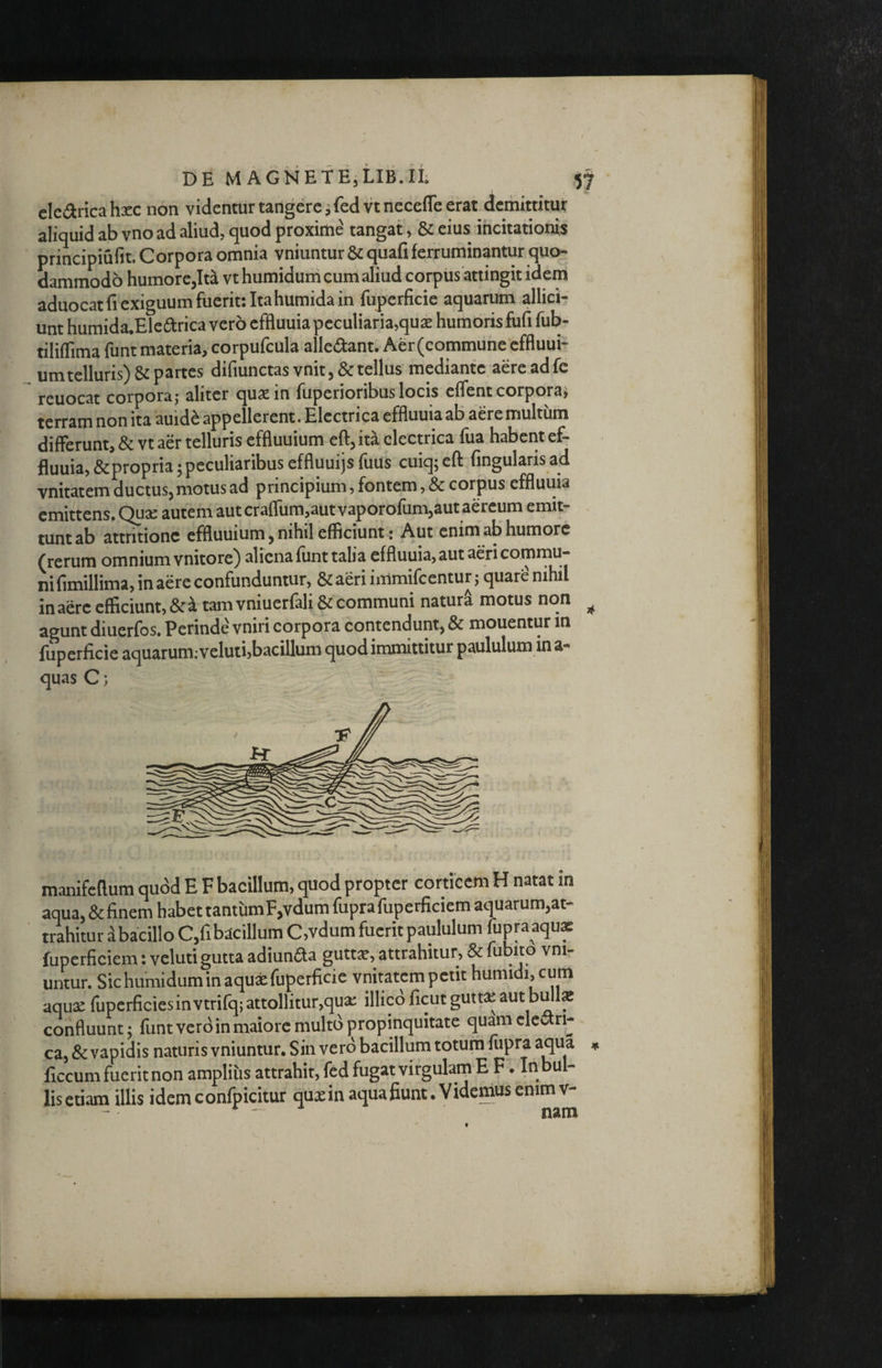 elcdricah^cc non videntur tangere ^fedvtnecefle erat demittitur aliquid ab vno ad aliud, quod proxime tangat, eius incitationis principiufit. Corpora omnia vniuntur & quafi ferruminantur quo¬ dammodo humorejita vthumiduni cum aliud corpus‘attingit idem aduocat fi exiguum fuerit: Ita humida in fuperficie aquarum allici¬ unt humida.Elearica vero effluuia peculiaria,qu2e humoris fufi fub- tiliffima funt materia, corpufcula alledant. Aer(commune‘cffluui- umtelluris)& partes difiunctas vnit tellus mediante aere ad fc reuocat corporaj aliter qu^in fuperioribus locis eflent corpora^ terram non ita auid^ appellerent. Electrica effluuia ab aere multum differunt, & vt aer telluris effluuium eft, ita electrica fua habent ef¬ fluuia, &propria 5 peculiaribus effluuijsfuUs cuiq;efl: fingularisad vnitatemductuSjmotus ad principium, fontem, & corpus effluuia emittens. Quae autem aut crafliim,aut vaporofunijaut aereum emit¬ tunt ab attritione effluuium y nihil efficiunt: Aut enim aB humore (rerum omnium vnitore) aliena funt talia effluuia, aut aeri commu¬ ni fimillima, in aere confunduntur, &aeriimmifccnturj 'quare nihil in aere efficiunt, &a tam vniuerfali & communi naturi motus non ^ agunt diuerfos. Perinde vniri corpora contendunt, & mouentur in fuperficie aquarum,*veluti,bacillum quod immittitur paululum in a- quas C; manifcflum quod E F bacillum, quod propter corticem H natat in aqua, &finem habet tantumF,vdum fuprafuperficiem aquarum,at¬ trahitur ibacillo C,fibacillum C,vdum fuerit paululum fupraaqux fuperficiem: vcluti gutta adiunda gutt^, attrahitur*, & fubito vnir untur. Sichumiduminaquxfuperficie vnitatempetit humidi,cum aquae fuperficiesinvtrifq; attollitur,qua: illico ficut gutt^ aut bull« confluunt 5 funt vero in maiore multo propinquitate quam electri¬ ca, & vapidis naturis vniuntur. Sin vero bacillum totum fupra aqua ^ ficcum fuerit non amplius attrahit, fed fugat virgulaip E F . In bul¬ lis etiam illis idem confpicitur quae in aqua fiunt .Videmus enim v- * ' nam