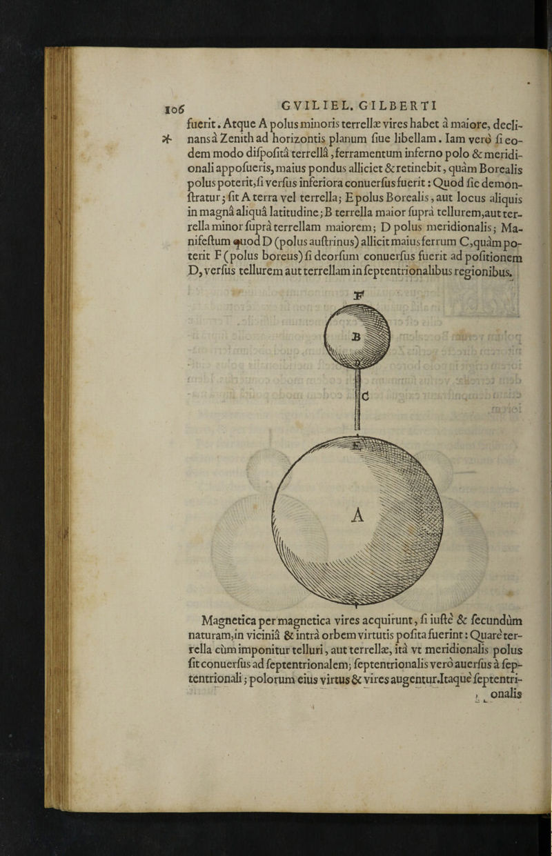 i! lo5 GVILIEL. GILBERTI fuerit. Atque A polus minoris terrellae vires habet d maiore, decli- ^ nansd Zenith ad horizontis planum fiue libellam. lam vero fi eo¬ dem modo dilpofita terrella,ferramentum inferno polo & meridi¬ onali appofucris, maius pondus alliciet & retinebit, quam Borcalis polus poterit,ii verfus inferiora conuerfusfuerit: Quod fic demon- ftratur^fit Aterra vel terrella; EpolusBorealis,aut locus aliquis in magni aliqua latitudine; B terrella maior fupra tellurem,aut ter¬ rella minor fupriterrellam maiorem; Dpolus meridionalis; Ma- nifeftum ^od D (polus auftrinus) allicit maius ferrum C,quim po¬ terit F(polus b( Pjverfus tellure naturam,in vicinii & intrd orbem virtutis pofitafuerint: Quare' ter- rella cum imponitur telluri, aut terrellae, iti vt meridionalis polus lit conuerfus ad fcptentrionalem; feptentrionalis vero aucrfus a fep- tcntrionali; polorum cius virtus & vires augenturJtaque feptentri- > onalis ^ L. - 'I I