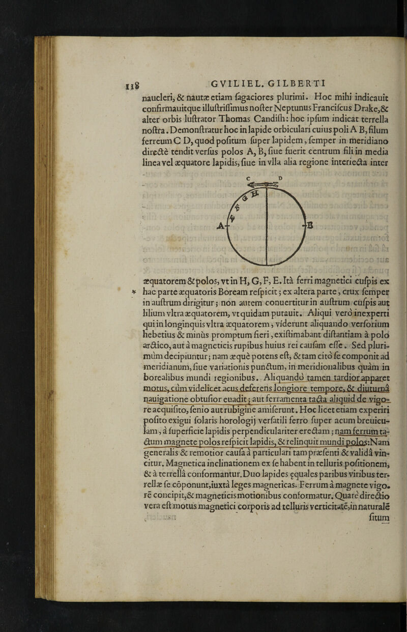 naucleri^ & nautx etiam fagaciores plurimi. Hoc mihi indicauit confirmauitque illuftriflimus nofter Neptunus Francifeus Drakc,&: alter orbis luftrator Thomas Candifti: hoc ipfum indicat terrella noftra. Dcmonftratur hoc in lapide orbiculari cuius poli A B, filum ferreum e D,quodpofitum fuper lapidem, femper in meridiano directe tendit verfiis polos A, B,fiue fuerit centrum fili in media linea vel aequatore lapidis, fiue invlla alia regione interie(fta inter C D «quatorem & polos, vtin H, G,F, E. Ita ferri magneticl cufpis ex hae parte aequatoris Boream refpicit; ex altera parte, crux femper in auftrum dirigitur j non autem conuertiturin auftrum cu/pisaut lilium vitra xquatorem, vt quidam purauit. Aliqui vero inexperti qui in longinquis vitra aequatorem j viderunt aliquando veribrium hebetius & minus promptum fieri, exiftimabant diftantiam a polo ardico, aut amagneticis rupibus huius rei caufam efle. Sed pluri¬ mum decipiuntur j nam ^que potens cft, &tam cito fe componit ad meridianum, fiue variationis pundum, in meridionalibus quim in borealibus mundi regionibus. Aliquando tamen tardior apparat mQtuSjCnmvidp]irprar,n<;dgfgrcnslongiore temporc.& diuturna nauigatione obtufior euadit; aut ferramenta tada aliquid de vigo- re acquifito, fenio aut rubigine amiferunt, Hoc licet etiam experiri pofito exigui folaris horologij verfatiii ferro fuper acumbreuicu- iam, a fupcrficic lapidis perpcndiculariter credam; nam ferrum ta- dum magnete polos refpicit lapidis, &rclinquitmundi polosiNam generalis & remotior caufaa particulari tam pra:fenti & validi vin¬ citur. Magnetica inclinationem ex fe habent in telluris pofitionem, & a terrella conformantur.Duo lapides aquales paribus viribus ter- relise fe c6ponunt,iuxta leges magneticas. Ferrum a magnete vigo. re concipit,& magneticismotionibus conformatur. Quare diredio vera eft motus magnetici corporis ad telluris verticitate,in naturale fitum