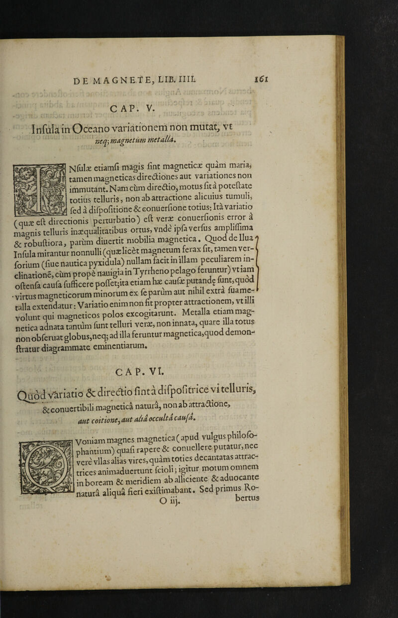 C AP; V. . - ; Infula in Oceano variationeni non mutat, vt neq^mdgnttumtnetalU. NfolsE etiamfi magis lint magneticae quani maria* tamen magncticas direiStiones aut variationes non immutant. Nam cum diredio, motus fit d poteftatc totius tcllutis 5 non ab attractione alicuius tumuli, Ced a difpofiiidne & conuerfione totius; Ita variatio fquxeft directionis perturbatio) eft ver£ conuerfionis error d niagnis telluris inxqualitatibus ortus, vnde ipfa verfc ampliffiraa & robuftiora, paitm diuertit mobilia magnetica. Quoddellua Infula mirantur nonnulli (qua:licet magnetum_ fe^ forium (fiue nautica pyxidula) nullam facit in illam peculiarem^ n clinatione,ebmpfopnauigiainTyrrhenopelagoferuntur)vt.am oftcnfa caufa fufficerc poffeqita etiam hx caufa: putand^ funt,quod • virtus magneticorum minorum ex feparumaut nibil extra fuamc- talla extendatur; Variatio enim non fit propter attractionem, vi illi volunt qui magneticos polos excogitarunt. Metalla etiammag- netica adnata tantum funt telluri venE, non innata, quare illa totus non obferuat globus,neq; ad illa feruntur magnctica,quod demon- ftratur diagrammate eminentiarum. CAP- VI. Q^d v&riatio 6c directio fint a difpofitrice vi tellurisj» &conucrtibili magnctica natuii, non ab attractione, mt coitione^ aut aha occulta cau[a. Voiiiam magnes magnetica(apud vulgus pbilofo- phahtium) quafi rapere & conuellere putatur, nec vere' vllas alias vires, qu^m toties decantatas attrac- trices animaduertunt fcioli; igitur motum omnem in boream & meridiem ab alliciente &aduocantc naturi aliqui fieri exiftimabant. Sed