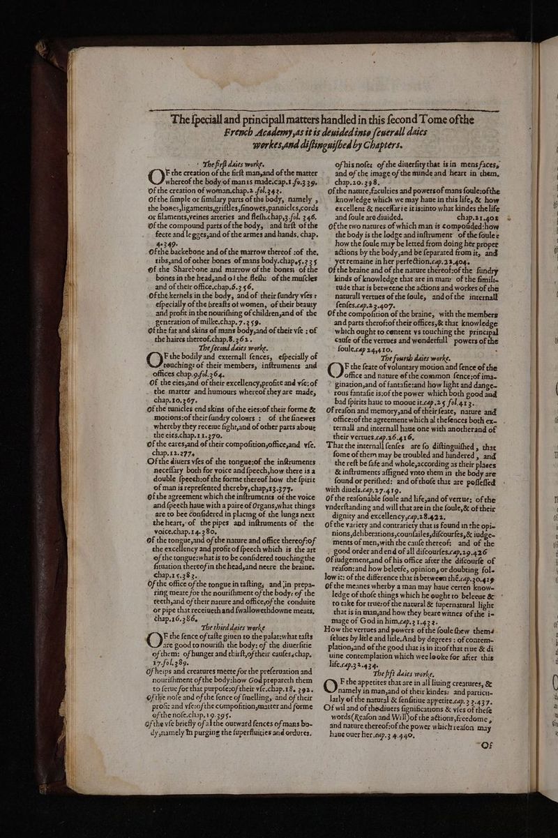 | - ' Thefirft daies worke, F che creation of the firft man,and of the matter whereof the body of manis made.cap.t .fo.3 39. of the creation of woman.chap.2 .fol.342. Of the fimple or fimilary parts of the body, namely , the bones, ligaments, eriftles, finowes,pannicles,cords or filaments,veines arteries and flefh.chap,3.fol. 346. of the compound parts of the body, and firft of che feete and le goes,and of the armes and hands, chap. 4e349- ‘ of tht hablosbore and of the marrow thereof :of the, tibs,and of other bones of mans body.chapes.2 35 of the Sharebone and marrow of the bones; of the bones in the head,and.of the fleth: of the mu(cles and of their office.chap.5.3 56. Of the kernels in the body, and of their fundry vfes : efpecially of the breafts of women, of their beauty and profit in the nourifhing of children,and of the generation of milke.chap, 7.359. Of the fat and skins of mans body,and of their vfe ; of the haires thereof.chap,8.362. The fecond daies worke. Fthe bodily and externall fences, efpecially of fcouching: of their members, inftruments and offices chap, 9.fol.264. Of the cies,and of their excellency,profite and yfe: of the matter and humours whereof they are made, chap. 10,367. of che tunicles end skins of the eies:of their forme & motions:of their fundry colours : of the finewes whereby they receiue fight,and of other parts aboug the ci¢s.chap.1 1.370. of che cares,and of their compofition,office,and vfe. chap.12.277¢ neceflary both for voice and{peech,how there is a double {peech:of the forme thereof how the fpirit of man is reprefented thereby, chap,13.377. of the agreement which the inftruments of the voice and {peech haue with a paire of Organs,what things are to bee confidered in placing of the lungs next theheart,-of the pipes and inftruments of the voice.chap. 1 4.380, Of the tongue,and of the nature and office thereof:of the excellency and profit of {peech which is the art of the tongue:what is to be confidered touchingthe ituation thereof in the head,and necre the braine. chap.1 5.38 2. Of the office of the tongue in tafting; and jin prepa teeth,and of their nature and office,of the conduite or pipe that receiueth and {wallowethdowne meats, chap.16.286, the third daies worke | ()* the fence of tafte giuen to the palat:what tafts are good tonourifh the body: of the diuerfitie ofthem: of hunger and thirft,oftheir caufesschap. 17.fol,289. Of heips and creatures meete for the preferuation and nourifhment of the body:how God preparcth them to ferue for that purpofe:of their vfc,chap.18, 292. ofthe nofe and of the fence of fmelling,, and of their pro: and vfe:ofthe compofition matter and forme of the nofe.chap, Be 395- ofthe vie briefly of althe outward fences of mans bo- dy,namely tn purging the fuperfluities and erdures. ofhisnofe: of the diuerfitythat isin mens faces, and of the image of the minde and heart in them, chap.20. 398. of the nature,faculties and powers of mans foule:ofthe knowledge which we may haue in this life, & how excellent & neceffarie it issinto what kindes chelife and foule are diuided. chap.21.408 Of the two natures of which man is compotided:how the body is the lodge andinftrument’ of the foulee how the foule may be letted from doing her proper actions by the body,and be feparated from it, and yetremaine in her perfection.cap.2 3.4046 Of the braine and of the nature thereof:of the fundry kinds of knowledge that are in man: of the fimili. tude that is betweene the actions and workes of the naturall vertues of che foule, andofthe internall fenfes.cap.2 2.407. Of the compofition of the braine, with the members and parts therof:of their offices,& that knowledge which ought to centent ys touching the principal caufe of he vertues and wonderfull powers of the foule.cap 24,410. ‘ The fourth daies worke. O§ the feate of voluntary motion and fence of the office and nature ef the common fence:of imas gination,and of fantafie:and how light and dange~ rous fantafie is:of the power which both good and bad fpirits haue to moouc it.cap.25 fol.41 3. Of reafon and memory,and of theirfeate, nature and office:of the agreement which al thefences both ex- ternall and internall haue one with anotherand of their vertues.cap.26.416, That the internall fenfes are fo diftinguithed , that fome of them may be troubled and hindered , and the reft be fafe and whole,according as their plaees & inftruments affigned vnto them in the body are found or perifhed: and of thofe that are poflefled with diuels.cap.27.419. ; Of the reafonable foule and life,and of vertue: of the ynderftanding and will that are in the foule,& of their dignity and excellency,cap.28.422. Of the variety and contrariety that is found in the opie nions,deliberations,counfailes,difcourfes,& iudge~ ments of men,with the caufe thereof: and of the good order and end of all difcourfes.cap.29.426 Of iudgement,and of his office after the difcourfe of reafon;and how beleefe, opinion, or doubting fol low iz: of the difference that is beeween thé.cap.30.429 Of the meanes wherby a man may haue certen know- to take for true:of the natural & fupernatural light that is in man,and how they beare witnes of the i- mage of God in him.cap. 3 1.43 2. How the vertues and pewers of the foule thew them4 felues by litle and litle.And by degrees: of contem- plation,and of the good that is in it:of that true & di uine contemplation which wee looke for after this life.cap.3 2.434. The fift daies worke, O F the appetites that are in all liuing creatures, & namely in man,and of their kindes: and particu. larly ef the natural & fenfitiue appetite.cap. 2 2.437. Of wil and of thediuers Gienifications & vies of thefe words(Reafon and Will)of the ations, freedome , and nature thereof-of the power which reafon may hauc ouer her.esp.3 4.440, OF 0