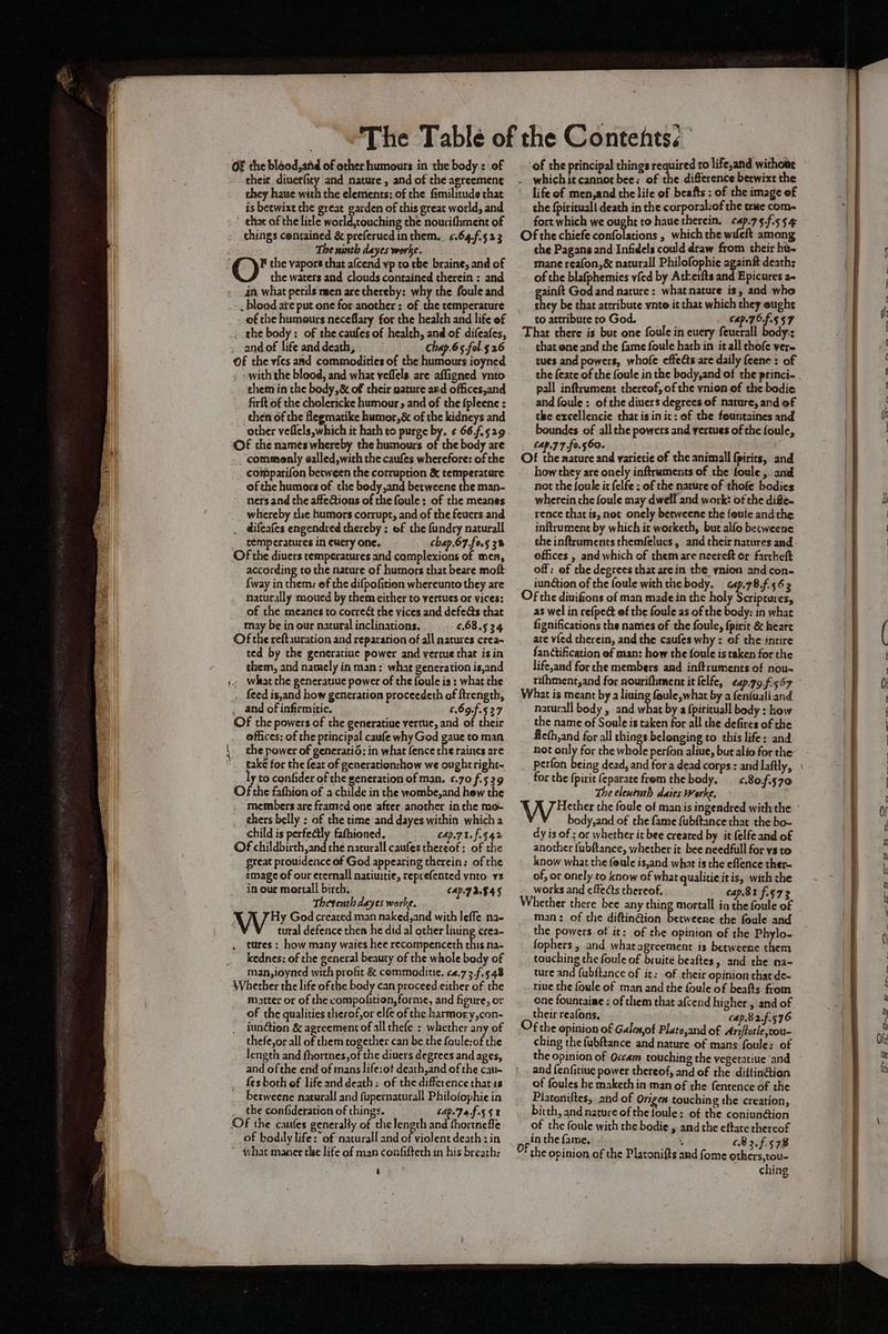 OF the blood, and of other humours in the body :.of theie diuerficy and nature, and of the agreement they haue with the elements: of the fimilitude that is betwixt che great garden of this great world, and ' chae of the litle world,touching the nourifhment of » things centained & preferuedin them. ¢.64,f.5 23 The ninth dayes worke. OF the vapors that a(cend vp to the braine, and of the waters and clouds contained therein : and 4n what perils men ace thereby: why the foule and . blood ate put one for another : of the temperature of the humours neceflary for the health and life of _ the body: of the caufes of health, and of difeafes, . andof life anddeath, chap.6 5 fol. 26 Of the vies and commodities of the humours ioyned _ »with the blood, and what veflels are affigned ynto them in the body ,& of their gature and offices,and firft of the cholericke humour » and of the {pleene : then of the flegmatike humor, & of the kidneys and other veflels,which it hath to purge by. ¢ 66,f,529 ‘Of the names whereby the humours of the body are _. commonly galled,with the caufes wherefore: of the comparifon between the corruption & temperatare of the humors of the body,and betweene the man- ners and the affections of the foule : of the meanes whereby tle humors corrupt, and of the feuers and _ @ifeafes engendred thereby: ef the fundry naturall temperatures in euery one. chap.67.fo.5 3% Of the diuers temperatures and complexions of men, according to the nature of humors that beare moft {way in them: ef the difpofition whereunto they are naturally moued by them either to vertues or vices: of the meanes to correét the vices and defe&s that may be in our natural inclinations. €.68.5 34 Of the reftauration and reparation of all natures crea- ted by the generatiue power and vercue that isin them, and namely in man: what generation is,and y~ wheat the generatiue power of the foule is : what the . feed is,and how generation proceedeth of ftrength, _ and of infirmitie. ¢.69-f.527 Of the powers of the generatiue vertue, and of their offices: of the principal caufe why God gaue to man \ the power of generatié: in what fence ths raincs are “take for the feat of generation:how we ought right~ ly to confider of the generation of man. ¢.70 f.529 Of the fathion of a childe in the wombe,and hew the members are framed one after another in the mo __ thers belly : of the time and dayes within which a child is perfe@ly fathioned. CAp.71f.§42 Of childbirth,and the nacurall caufes thereof: of the great prouidence of God appearing therein: of the image of our eternall natiuitie, reprefented ynto vs in our mortall birch, CAP-7 36$ 45 Thetenth dayes worke. Ww God created man naked,and with leffe na- tural defence then he did al other liuing crea- , tures: how many waies hee recompenceth Af na- kednes; of the general beauty of the whole body of man,ioyned with profit & commoditie, 4.7 3.f.548 Whether the life ofthe body can proceed either of the matter or of the compofition, forme, and figure, or of the qualities therof,or elfe of the harmory,con- iun@ion & agreement of all thefe : whether any of thefe,or all of them together can be the foule:of the length and fhortnes,of the diuers degrees and ages, and of the end of mans life:of death,and of the cau~ fes both of life and death: of the difference that 1s -_ betweene naturall and fupernaturall Philofophie in ._ the confideraticn of things. 64p.7af.5 5X Of the caufes generally of the length and thortnefle of bodily life: of naturall and of violent death ; in what maner the life of man confifteth in his breath: of the principal things required to life,and without _ whichit cannot bee; of the difference beewixt the the fpirituall death in the corporal:of the true com- fort which we ought to haue therein. a7 sf554 Of the chiefe confolations , which the wifeft among the Pagans and Infidels could draw from their hu- mane reafon,& naturall Philofophie againft death: of the blafphemies vfed by Atkeifts and Epicures a- aint God and nature: what nature is, and who they be that attribute ynto it that which they eught to attribute to God. cap-76f.5 57 That there is but one foule in euery feuerall body: _ thacene and the fame foule hath in it all chofe ver~ tues and powers, whofe effects are daily {cene : of the feate of the foule in the body,and of the princi- pall inftrument thereof, of the ynion of the bodice and foule : of the diuers degrees of nature, and of the excellencie that isin ic: of the fountaines and boundes of all the powers and vertues of the foule, , 49.77 f 0.560. Of the mature and varietie of the animall fpirits, and how they are onely inftruments of the foule, and not the foule it felfe : of the nature of thofe bodies wherein che foule may dwell and work: of the difte- rence that is, not onely betweene the foule andthe inftrument by which it worketh, but alfo betweene the inftruments chemfelues, and their natures and offices , and which of them are neereft or fartheft off: ef the degrees that are in the ynion andcon- iunétion of the foule with the body. «4p.78.f.563 Of the diuifions of man made in the holy Scriprures, as wel in cefpe@ ef the foule as of the body: in what fignifications the names of the foule, {pirie & heart are vfed therein, and the caufes why : of the intire fandtification ef man: how the foule is taken for the life,and for the members and inftruments of nou~ rifhment,and for nourifhment it felfe, eap.go.f567 What is meant by a liuing foule,what by a fenfualiand nacurall body , and what by a fpirituall body : how the name of Soule is taken for all the defires of the fleth,and for all things belonging to this life: and not only for the whole perfon aliue, but alfo for the for the {pirit feparate from the body. _—¢.80.f.570 The elenenth daies Werke. f body,and of the fame fubitance that the bo- dy is of ; or whether it bee created by it felfeand of another fubftance, whether it bee needfull for vs to know what the feule is,and what is the eflence ther- of, or onely to know of what qualitieitis, with che works and effects thereof. cap.81 f.572 Whether there bee any thing mortall in the foule of man: of the diftin@ion betweene the foule and the powers of it: of the opinion of the Phylo- fophers , and whatagrcement is betweene them touching the foule of bruite beaftes, and the na- ture and fubftance of it: of their opinion that de~ riue the foule of man and the foule of beafts from one fountaine : of them that afcend higher , and of their reafons, ap.82.f.576 Of the opinion of Galen,of Plato,and of Arsftotle,rou- ching the fubftance and nature of mans foule: of the opinion of Occam touching the vegetatiue ‘and and fenfitiue power thereof, and of the diftin@ion of foules he maketh in man of the fentence of the Platoniftes, and of Origen touching the creation, birth, and nature of the foule; of the coniun@ion of the foule with the bodie , and the eftate thereof in the fame, ; 0.8 2.f-578 the opinion of the Platonifts and (ome others,tou~ ching