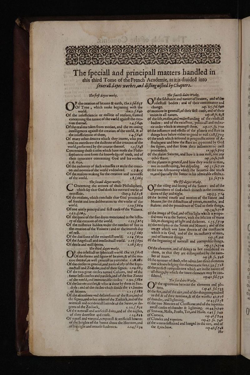 Re > * R K . AY) OD): | CUP < Ay) Berrie The firft dayes worke, 9-\ F the creation of heauen &amp; earth, Cha.1 fol.637 Of Time , which tooke begianing with the world, cha.2.f.640 concerning the nature of the werld againft the crea~ _ tion thereaf. C.4.f-64% Of the reafons taken from motion, and the mcouing - intelligences againit the creation of the world, &amp; of the infufficiencie ot them, C64. f.646 Of many other deuices which they inuent, who pre- _tend to ouerthrow the doétrine of the creation of the world,performed by the creator thereof. —_¢.5.f.648 Concerning thofe caufes which haue made the Philo- fophers to erre from the knowledge of truth, and of their ignorance concerning God and his workes, ¢. 6. 650. Of the authonity of fuch witneffes as make the creati- on and:newnesof the world vadoubted. —.7.655 Of the reafons making for the creation and newnefle of the world. 6.8.,665 oY a The fecond dayes worke. Ge Oneerning the errours of thofe Philofophers, which fay that God doth his outward werke of neceflitie. Chap.g Fol.658 ©f the reafons, which conclude that God proceeded _of franke and free deliberation to the worke of the world, t.10 f.66@ Ofone onely principal and firft caufe of the Vniuers. C11, F669. . Of 3 if of the fixe dayes mentioned in the hifto- ry of the creation of the world. C.12f.665 Of the mifteries hidden ynder the number of fixe in the creation of the Vniuers: and ot the feuenth day _ of reft, c.13.f, 667 Of the diuifions of the vniuerfall world. c.14 £670 Of the'Angelicall and intellectuall world. c.15. (672 Of deuils and euill {pirits, £.16.f.675 ‘the third dayes worke. ©: the celeftiall or {phericall world. €b4.17.f.678 Of the forme and figure of heauen,&amp; of the mo- tion thereofas well cenerall as particular. ¢.18.681 Of the circles in general,and particularly of the Equi- -nottiall and Zodiake,and of their fignes.. ¢.19.68 Of the two great circles named Colures, and of the foure lefle circles and paralelsjand of the fiue Zones _ of the worldsand immoteable circles. ¢.20. 6.686 Of che hower-circlesy&amp; what ig doné by them in Sun- dials ; and of the circles which diuide the 12.houtes of heauen, ¢.21.f.688 OF the afcenfions and defcenfions of the ftars,and'of the fignessand other arkes'of the Zodiack,and of the orientall and occidental latitude of the Sunne,or de- erees of the Zodiack, c.22.f,69% Of the naturall and artificial daies;and of the nights, of therr dimerfitie and caufe. ¢.22.692 Of equail and ynequal temporall &amp; artificiall houres: of the heights of the Sunse aboue the Horizon,and of bis right and reuerfe thadowes; 6.24.f594 The fourth daies workt. \ F the fubftance and nature of heaven, and of che celeftiall. bodies ; and of their continuance and . change. cap. 25. f0l.696 of motions in generall,of their firft caufe, and of their ynion in all nature. pe ae he 658 of thelife,reafon,and ynderftanding of the celeftiall ‘ bodies : and of the excellent, politicall and milita- rie order which is amongft them, | cap.27. fo. 700 Of theinfluence and effe&amp;s of the planets and ftars in things here below either to good or euil.4.28,£703 Of the truth which is found in prognoftications of A- ftrologers: and how the ftars are appointed by God for fignes, and that from their influences no cuilk proceedeth, £4.29 f0.705 Of the planet Saturne, and how it is not euill, nor any other ftarre. CAap.30-f0.708 Of the planets in general,and how they worke in man, not in conftraining, but difpofing. cap.3 1.f0.7 19 Ot the true Aftronomy which rhe heauens doe teach ys,and {pecially the Sunne in his admirable effects,c. 3 Bi f.7 1Z the fift dayes Worke. - ‘ey the rifing and ferting of the Sunne: and of the prouidence of God which fhineth in the commo- dities of day and night. CAp.3 2.754 Ofthe fecond courfe and motion of the Sanne and Moone, for the diftinGion of yeeres,moneths, and feafons: and the prouidence of God in thefe things. 647.2 4.f0.7 16 fed vnto vs in the Sunne, with the felicitie of mans life,in changing of light and darkenes. ¢.25.f:719 Of the ecclipfes ot the Sunne and Moone ; and of the image which wee haue therein of the conftancie which is in Gnd, and of the inconftancy of men, and of humane things. €4p.36.72% Of the beginning of naturall and corruptible things. CAp.3 7.[ 0.72% Of the elements, and of things to bee confidered in them, in that they are diftinguifhed by che num- ber of foure. cap 38. fo. 726 Of the opinion of tkofe,who admit but three elements __ not acknowledging the elementarie fire.c.39.f 728 Of the perfect compofitions which are in the nature of all chings,by which the foure elements may be con- fidered cA I ; 4 40 fol.7 38 The fixt daies Warke, © the'agreement betwixt the elements and pla- nets, Cap.4t. fol.7 33 of the fire,and of the aire and of the things engendred _in the: &amp; of their motions, &amp; of the winds.c 42.726 Of thunder, and lightning, C4 43.728 Of the true Meteors of Chriftians:and of the {upernas tural! caufes of thunder &amp; lightning. ca.44.fo.740 Of Snowes, Mifts, Frofts, Yce,and Haile. 6.457.742 of Comets, cap.46.f744 of Cloudes and va pours. (4p.47. fo. 746 Of the waters fuftained and hanged in the aire, and of the Rainebow. 64p.48.f.748 The