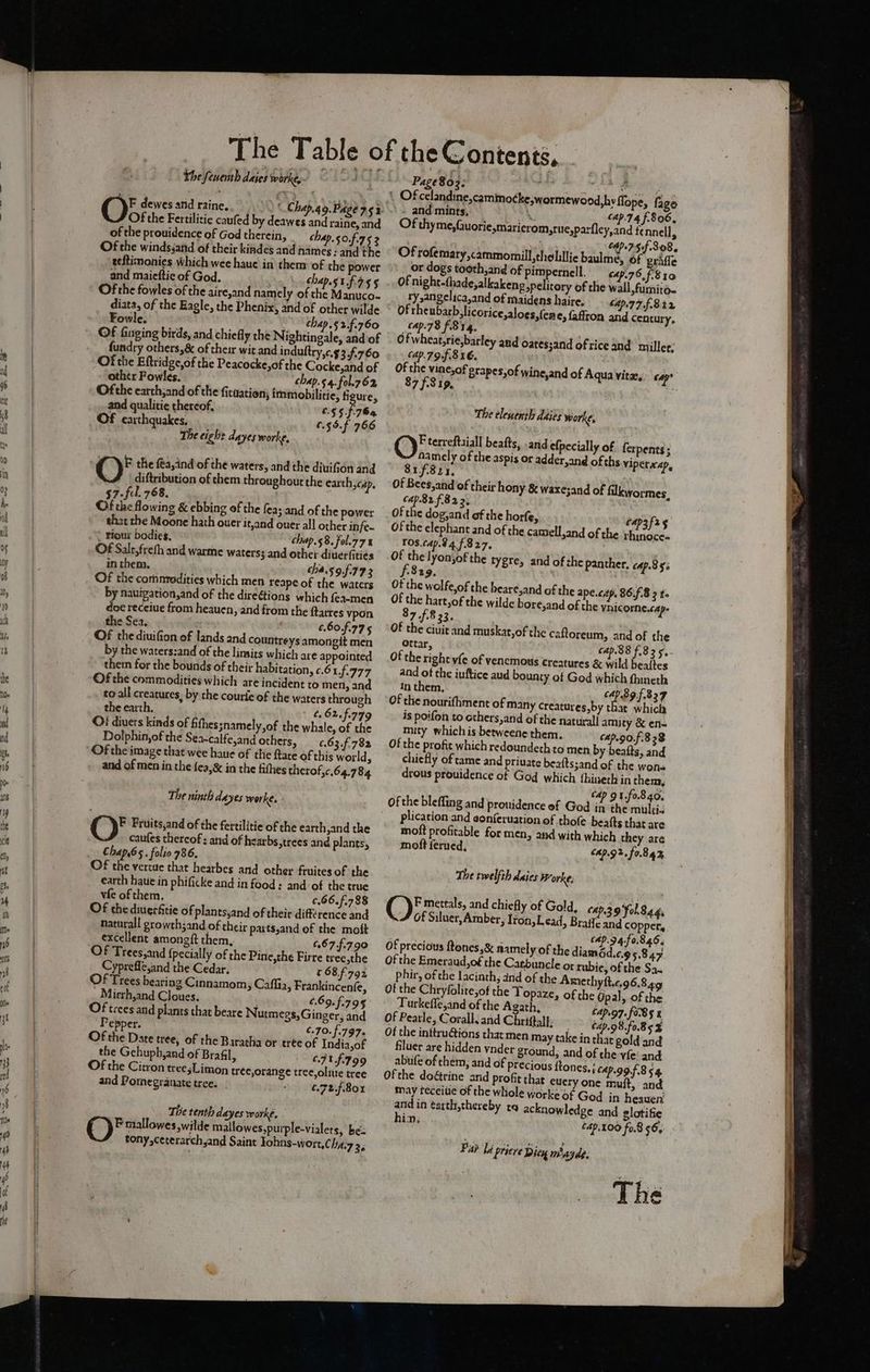 F dewes and raine, Of the Fertilitic caufed by deawes and raine, and of the prouidence of God therein, chap. 5o.f.75 2 Of the windssand of their kindes and hames zand the teftimonies which wee haue in them of the power and maieftie of God. chap.stfrss§ Ofthe fowles of the aire,and namely of che Manuco-~ diata, of the Eagle, the Phenix, and of other wilde Fowle. chap.§2.f.760 Of Ginging birds, and chiefly the Nightingale, and of fundry others,& of their wit and induftry,c.¢ 3.760 Of the Eftridge,of the Peacocke,of the Cocke,and of oth¢r Fowles. chap.s 4. fol.7 62 Ofthe earth;and of the fication; immobilitie, figure, and qualitie thereof, 655. $764 OF carthquakes. . 6.55.f 766 The igh dayes worke, EF the (a,ind of the waters, and the diuifion and O diftribution of chem throughout the earth, cap, $7.fel. 768. Of the flowing & ebbing of the fea; and of the power that the Moone hath ouer it,and ouer all other infe- riour bodies, chap.58. fol.77 Of Salt,freth and warme waters; and other diuerfitiés in them. cha.59.f.773 Of the comntedities which men reape of the waters by nauigation,and of the direétions which fea-men doe receiue from heauen, and from the ftarres vpon the Sea. 6.60.77 5 Of the diuifion of lands and countreys amongit men by the waters:and of the limits which are appointed them for the bounds of their habitation, ¢.61.£.777 Of the commodities which are incident to men, and to all creatures, by the couric of the waters through the earth. ¢.62.f.979 OF diuers kinds of fithes snamely,of the whale, of the Dolphin,of the Sea-calfe,and others, — ¢.63.f.782 Of the image that wee haue of the ftare of this world, and of men in the fea,& in the fithes therof,c.64.784 The ninth dayes worke. F Fruits,and of the fertilitie of the earth,and the caufes thercof : and of hearbs,trees and plants, Chap.65. folio 786. OF the vertue that hearbes and other fruites of the earth haue.in phificke and in food: and of the true vie of them. c.66.f.788 OF the diuerfitie of plantsyand of their difference and naturall growth;and of their parts,and of the moft excellent amongft them, 6.67.f.790 OF Trees,and {pecially of the Pine,the Firre tree,the Cypreffe,and the Cedar. 6 68f 792 Of Trees bearing Cinnamom » Caflia, Frankincenfe, Micrh,and Cloues. 6.69.f.795 Of trees and plants that beare Nutmegs, Ginger, and Pepper. ¢.70. f.797. Of the Date tree, of the Baratha or tree of India,of the Gehupb,and of Braf&ll, CIUS799 Of the Citron tree;Limon tree,orange tree,olite tree and Pomegranate tree: e.72.f.801 The tenth dayes worke, Pmallowes wilde mallowes,purple-vialets, be tony,ceterarch,and Saint Iohns-wort,C ha 3, Page8o3; eee 1 OF celandine,cammotke,wormewood, hv fope, fage - and mints, — ba ¢ap.74 f.806, Of thy me,{auorie,maricrom,rue,parfley,and fennell, | . 64p.75f308. Of rofemary,cammomill,tholillie baulme, Of griffe __ or dogs tooth, and of pimpernell, —ap.76,f.810 of night-thade,alkakeng spelitory of the wall,fumito- ry angelica,and of maidens haire. C4p.77 f.8i22 Of rhe ubarb,licorice,aloes,{ene, faffron and century, cap.78 f.814. Of wheat,rie,barley and oatessand of rice and miller; cap.79-f.816. Of the vine,of grapes,of wine,and of Aqua vit, cay 87 f.819, : The elesenth ddies worke, OF terreftaiall beafts, .and efpecially of ferpents ; vent of the aspis or adder,and of ths viperxap, 81/821, Of Bees,and of their hony & waxesand of filkwormes, cap.82f.82 2, Of the dog,and of the horfe, capzfrg Of the elephant and of the camell,and of the rhinoce- TOs, cap.9 4 f.827, Of the lyonjof the tygre, and of che panther, cap.8 53 82 Ot the wolfe,of the beare,and of the ape.cap. 86.6.8 2 t- Of iy ree the wilde bore,and of the vnicorne.cap, 7 +f. 23. Of the civit and muskat,of the caftoreum, and of the Ottar, cap.88 £.83 5, Of the right vfe of venemous creatures & wild beaftes and of the iuftice aud bounty of God which fhineth In them, cap 89.f.8327 Of the nourifhment of many creatures sby that which is poifon to cthers,and of the natural amity & en« mity which is betweene them. cap.90.F.8 28 Of the profit which redoundeth to men by beaits, and chiefly of tame and private beaftssand of the wone drous providence of God which thineth in them, tap 91.f0.840, of the bleffing and pronidence of God ia the multi. plication and eenferuation of thofe beafts that are moft profitable for men, and with which they are moft ferned, <Ap.92, f0.84% The twelfth daies Worke; F mettals, and chiefly of Gold, ¢¢ 39° Fol.8a4, OE: Siluer, Amber, feos L eat, Best opti pee €p.94-f0.846, Of precious ftones,& namely of the diamdd.c.g 5.847 Of the Emeraud,of the Carbuncle or rubie, of the Sa. phir, of the lacinth, and of the Amethyft.c96.8.49 Of the Chryfolirejof the Topaze, of the Opal, of the Turkeffe,and of the Agath, Capro7. fo8s x Of Pearle, Corall, and Chriftall: . te hs $2 Of the inttrudtions thar men may take in that gold and filuer are hidden vnder gtound, and of the vfe! and abufe of chem, and of Precious ftones, ; Cap.99.f.854 Of the doétrine and profit that eucry one muft, and may teceiue of the whole worke of God in heaven and in éarth,thereby tq acknowledge and glotifie in. £ap.400 fo.8 56, Par bi pricre Diew made.