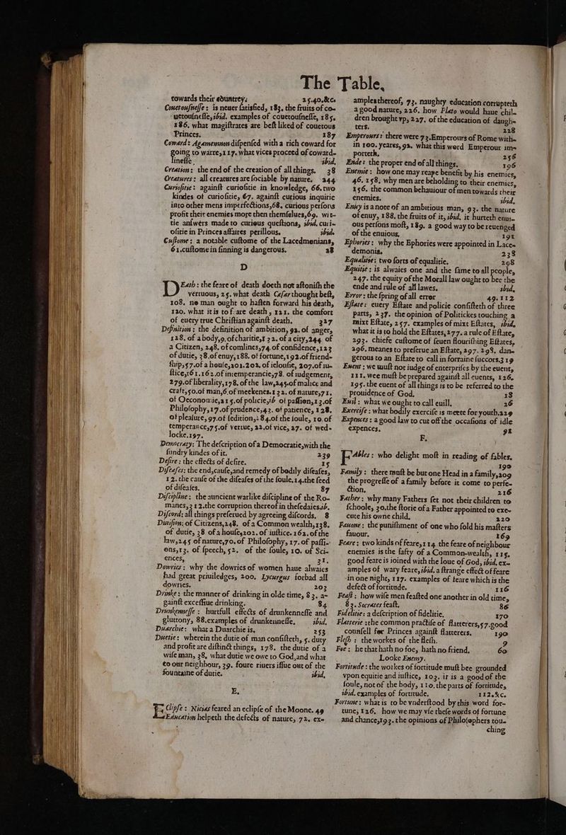 cowards their eduntrey, - Couetoufneffe: is neuer fatished, 183, the fruits of co nen “wctoulnefle, id. examples of couctoufneffe, 185, 186, what magiftrates are beft liked of couetous ! | bil Princes. 187 i | 25.40.8Ce Creation: the end of the creation of allthings. 38 ha Curiofitse: againft curiofitie in knowledge, 66.two i kindes of curiofitie, 67. againit curious inquitie 1 at into other mens imperfetions,68, curious perfons a Ofitie in Princes affaires perillous, tbide I Cuftome: a notable cuftome of the Lacedmenians, ie 61.cuftome in finning is dangerous. a8 Wh a alihi: D wpe if vertuous, 25. what death Ce/ar thought beft, alk 108. ne man ought to haften forward his death, ih 130. what itis tof:are death, 121. the comfort Hein of euery true Chriftian sant death, 327 Définition : the definition of ambition, 93. of anger, 128. of abody,o, ofcharitie,t 22. of a city,244 of He a Citizen, 248. of comlines,74. of confidence,122 of dutie, 38.of enuy, 188. of fortune,192.0f friend- A fhip,$7.0f a heule,201.203, of ieloufie, 207.0f 1u- Rtice,r6 1.16 2.0f incemperancie,7 8. of 1udgement, i 279.0f liberality, 178, of the law,245.0f malice and Fe | craft,50.of man,6.of meckenes.1 22. of nature,7 1, ih of Occonomie,s1 5.0f policie,i6 of paffien,1 z.0f Ut) Philo(ophy,17.0f prudence,42. of patience, 128. i of pleafure, 97.0f {edition,: 8 4.0f the foule, r0. of i ) temperance,75.0f vertuc, 32.0f vice, 27. of wed- vil locke.197. if Democraty: The defcription ofa Democratie,with the Hh fundry kindes of it. 239 il Defive : the efte&amp;s of defire. 15 aa Difeafes: the end,caufe,and remedy of badly difeafes, i 12. the caufe of the difeafes of the foule.14.the feed Wi) of difeates. 87 null Difeipline: the auncient warlike difcipline of the Ro- it manes, 3 12.the corruption thereof in thefedaiesié. TP Difcord; all things preferued by agreeing difcords, 8 a Dizifion: of Citizens,248. of 2 Common wealth, 138, be a of dutie, 38. of a houfes202. of inftice. 162. of the i hw,245 of nature,7o. of Philofophy, 17. of paffi- | ens,t3. of fpeech, 52. of the foule, 10. of Sci- nti | ences, 31. iW : Dowries: why the dowries of women haue alwaies . | had great priuiledges, 200, Lycurgus forbad all } downies. 203 Drmke : the manner of drinking in olde time, § 3. a- gainft exceffiue drinking. 4 Drunkemeffe : hurtfull effects of drunkenneffe and gluttony, 88.examples of drunkennefle, bid, ie Duarchie: what a Duarchie is, 253 Ad Duetie: wherein the dutie of man confifteth, 5. duty | and profit are diftin&amp; things, 178. the dutie of a / wile man, 38, what dutie we owe to God,and what ¢o our neighbour, 39, foure rivers iffue out of the | f fountaine of dutie. ibid, | iy Bow : Nicsas feared an eclipfe of the Moone. 49 Education helpeth the defcéts of nature, 72. exe . amplesthereof, 73. naughty education corrupterha a good nature, 226. how Plato would haue chil. dren brought vp, 227. of the education of daughi« ters. 228 Emperours: there were 7 2.Emperours of Rome witha in 100. yeares, 93. what this werd Emperour im- porteth, 256 Ende: the proper end of all things, 196 Enemie: how one may reape benefit by his enemies, 46. 158, why men are beholding to their enemics, 456. the common behauiour of men towards their enemies. ibid, Entry is anote of an ambitious man, 93. the nature of enuy, 188, the fruits of it, ibid. it hurteth enus_ ous perfons moft, 189. a good way to be reuenged of the enuious, 1g9t Ephories: why the Bphories were appointed in Laces demonia, ; 238 Equaluse: two forts of equalirie. 298 Equine: is alwaies one and the fame toall people, 247. the equity of the Morall law ought to bee the ende and rule of alf lawes, ibid. Error: the {pring of all errer 49.112 Effate: cuery Eftate and policie confifteth of three Parts, 237. the opinion of Politickes Poa: a mixt Eftate, 257. examples of mixt Eftates, ibid. what it is to hold the Eftates,277. a rule of E fate, 293- chiefe cuftome of feuen flourifhing Eftates, 296. meanes to preferue an Eftate, 297. 298. dane §¢rous to an Eftate to call in forraine fuccors.3 19 Ewent : we wutt not iudge of enterprifes by the euent, 141. wee muft be prepared againft all euents, 126. 199. the euent of all things 1s to be referred to the prouidence of God, 18 Exil: what we ought to call euill, 26 Exercife : what bodily exercife 1s meete for youth.az9 Expences : a good law to cut offthe occafions of idle expences, r 33 F, P iesiebd who delight moft in reading of fables, I Family: there muft be bur one Head in a family,209 the progreffe of a family before it come to perfe- ction. 216 Father; why many Fathers fet not their children to {choole, 30.the ftorie ofa Father appointed to exe» cute his owne child, 220 Fanone : the punithment of one who fold his mafters fauour. : 169 Feare: two kinds of feare,11 4 the feare of neighbour enemies isthe fafty of aCommon-wealth, 115, good feare is ioined with the loue of God, ibid, ex- amples of wary feare, ibid. a ftrange effeG of feare in one night, 117. examples of teare which is the defeé of fortitude. 116 Feaft; how wile men feafted one another in old time, 8 2. Socrates featt, 86 Fidelitie: a defcription of fidelitie, 170 Flatrerie she common praétife of flatterers,s7.200d counfell fer Princes againft flacterers, 190 Flefh : the workes of the flcth. Fee: hethathathno foe, hathno friend, 60 Looke Enemy, Fortitude : the workes of fortitude muft bee grounded vpon equitie and iuftice, 103, ir is a good of the foule, not of the body, 110, the parts of fortitude, ibid. examples of fortitude. T1260. Fortune: whatis to be ynderftood by this word for- tune, 126, how we may vie thefe words of fortune and chance,t93.the opinions of Philofephers tou. ching