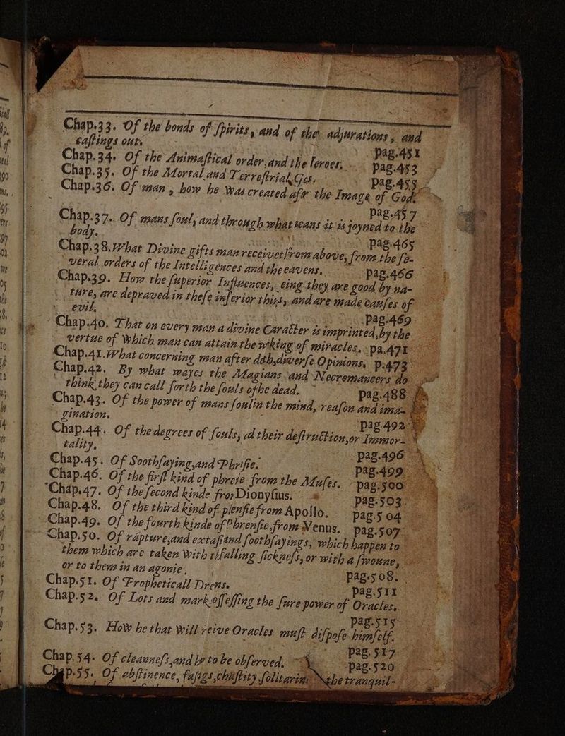 ^ Cd oe, =. e ^ ud — [S cA SS LS & > C5 = : co SS SS otf. => -— -— ae — EDT E Chap.33. Of the bonds of Spirits, and of the Adjtrations, and j ea[f ings outs | pag.451 Chap.34. Of tbe Animaftical order and the levees; pag.4523 Chap.35. Of the Mortal and LerveftriahGes. pag.455_ P28.45 s 37- Of maus foul; and through what aas itis joyted to ie . OA). : A pag. 46 Chap.38. hat Divine Sifts manreceivetlrom above, fun the yi weral orders of the Intell; ences and theeavens.. pap age Chap.39. How the fuperior. Influences, cing they are good by na- _ Fare, are depraved in thefe inferior t bissy and are made Canes of evil, | 6 sa Pag.469 'Chap.40. That on every 1829 a divine Carather ts imprinted, by the vertue of Which man can attain the king of niracles, pa.471 Chap.A1.7Zbat concernin Sf man after dth,dwverfe Opinions, P4473. think they can call forth the fouls ofhe dead, ~ pag.488 f be Chap.43. Of the power of mans foulin the mind, reafon and ima 1 gination, ! p3g.492. P Chap.44.. Of the degrees of fouls, d their deftruttion,or Immor-. 1 tality, . pag.496 . Chap.45. Of Soothfayingyand Pbhrifie. - pag.499 Chap.46. Of the fif kind of phrete from the Mules. pag.soo Ch4p.47. Of the fecond kinde frorDionyfius, © pag.503. Chap.48. Of the third kind of plenfie from Apollo. pag.5 04. Chap.49. Of the fourth kinde of Phrenfie,fromWNenus, pag.507: Chap.50. Of rapture,and extafiand foot bfayings, which bappen ta - them which are taken with tlfalling fickuels, or with a [woune, or to them in an agonie,, pag.sos8, | Chap.51. Of ‘Propheticall Drens. pag.5t11 Chap.52. Of Lots and mark.offefing the fure power of Oracles,