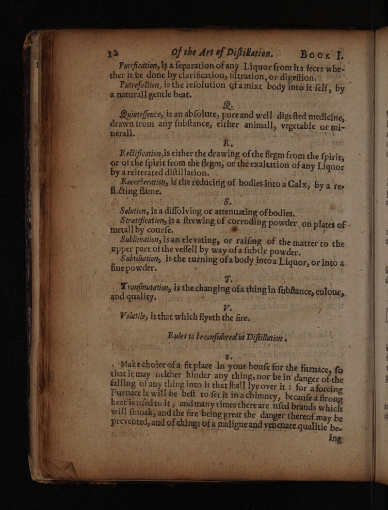 _ a — > ee —-. ay \ .- — — \ —— — a >= - _ - s] . = =: —— —e _ s : Nl i Sa ee Se RT eS ee | Boo f, ther it be done by clarification, filtration, or digeftion. PutrefaGion, is the refolution Qfamixt body into it‘felf by a naturall gentle heat. : Quinteffence,is an abfolute, pure and well digefted medicine drawn from any fubftance, either animall, vegetable or mi- nerall. 3 PTL LO AS es R, | Rectification, is either the drawing of the flegm from the {pirit; or of the {pirit from the flegm) or the exaltation of any Li ior by areiterated diftillation. $i a - Reverberation, is tlie réducitig of bodiesintd a Galx, ‘a ree fi:Qing flame. | begiicp 3 . S. Solution, is a diffolving or attenuating of bodies, metall by courfe. Sublimation, isan elevating, or raifing of they; upper part of the veffell by ray ofa bel ; Hatha to the Sabtiliation, isthe turning ofa body intoa Liguor, or into a fine powder. : : Zranfinutation, is the changin ofa thing ia faba | and quality, ; 6 6 g in fabitance, colour, V. | Volatile, isthat which flyeth the fire... Rules to be confidered in Diftillation ¢ that itmay neither hinder any thing, nor bein danger obec falling of any thing into it that fhall lye over it : for aforci Purnace te willbe beft tit i i ie vurnace lt wilibe belt to fet it inachimney, becaufe a ftrong heat isuiedtodt , andmahy timesthereare ufed brands whick will finoak, and the fire*being great the danger thereof may be prevented, and of things of a maligneand venenate qualitie be. ing ee eS Ba i Re ee ee ’ SNe a 2 | dink wt! «=