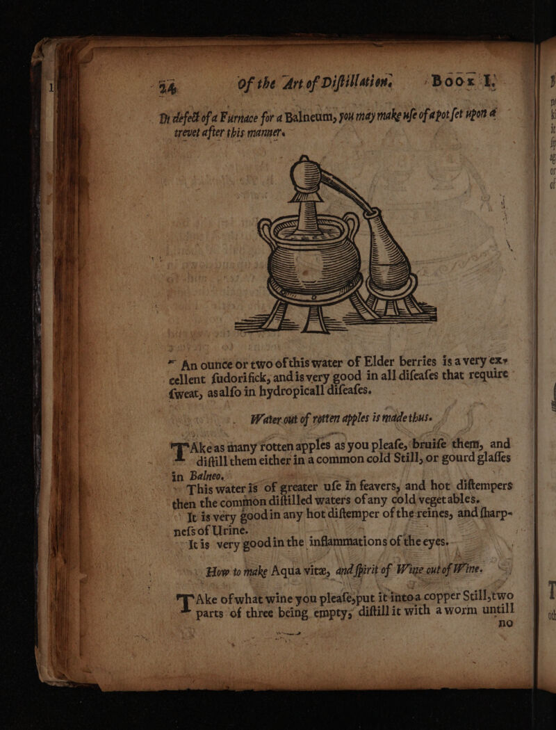 nd J Bi a trevet after this manner. PAke as many Totten apples as you pleafe,‘bruife them, and diftill them either in acommon cold Still, or gourd glaffes in Balneo. This water is of greater ufe in feavers, and hot diftempers then the commion diftilled waters ofany cold vegetables. It is very goodin any hot diftemper of the:reines, and fharp- nefsofUrine. : f | Itis very goodinthe inflammations of the eyes, How to make Aqua vite, and fpirit of Wize.cut of Wine. PT Ake of what wine you pleafe,put it intoa copper Still,two parts of three being empty; diftillic with a worm untill no Tt See salt