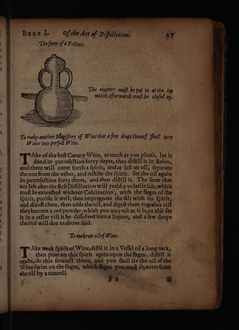 . ’ edie Boox Ll. Of the Art of Diftillation: The form of a Pelicay, 3 ihe matter muft be put in at the top which afterwards muft-be clofed up. To make another Miapiftery of ‘Wine that afew dropsthereof fhall turn Water into perfedt Wine. ma™ Ake of the beft Canary Wine, asmuchas you pleafe, let it, TL flandin putrefa&ion forty dayes, then diftill ic in. Baieo, and.there will come fortha fpirit, andat laft an oil; feparate the onefrom the other, and rectifie the {pirit. Set the oil again in putrefa&tion forty dayes, andthen diftill it. The feces that are left afterthe firft Diftillation will yeeld a volatile fale, which mutt beextraéted without Calcination’, with the flegm ofthe {pirit, purifie it well, thenimpregnate the fale with its fpirir, and digeft them, then adde the oil, and digeft them together till theybecome a red powder,which you may ufe as it is,or elfe fee it in a. cellar till itbe diffolved intoa liquor, and a few drops thereof will doe asabove faid, a dat Ta To makean oilof Wine. Ake weak fpirit of Wine,diftil it in a Veflel of a long neck, 7 4 then pouron this {pirit againupon the flegm, diftill it again, do this feverall ‘times, and you fhall {ee the oil of the Wine fwim on the flegm, which fegm you maf feparate from she oil by atunnell. Bg