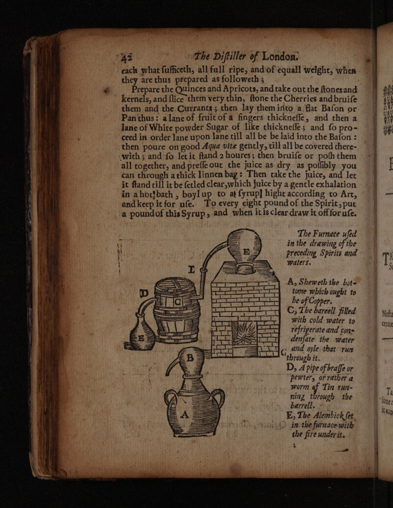 each what fufficeth, all full ripe, and of equall weight, when they arethus prepared as followeth ; | Prepare the Quinces and Apricots, and take out the ftones and Kernels, and flice them very thin, ftone the Cherries and bruife them and the Currants; then Jay them isto a flat Bafon or Panthus: alaneof fruit ofa fingers thicknefle, and then a Jane of White powder Sugar of like thickneffe ; and fo pro- ceed in order lane upon lane till all be be laid into the Bafon : then poure on good Aqua vite gently, till all be covered there- with ; and fo lJetic fland 2 houres ; then bruife or poth them all together, and prefle out the juice as dry as poflibly you can through athick linnen bag: Then take the juice, and let it ftand till it be fetled clear,which juice by a gentle exhalation in ahot'bath , boyl up to at fyrup] hight according to Art, and keep itfor ufe. To every eight poundof the Spirit, put a poundof thisSyrup, and when itis clear draw it off for ufe. The Furnace ufed in the drawing of the preceding Spirits and waters. A, Sheweth the bote tome which ought to be of Copper. C, The bareell filled with cold water to refrigerate and cons denfate’ the water , aud oyle. that run ‘through it. D, A pipe of braffe or “pewter, or rather a worm ef Tin run- ning torough the barrell. « E, The Alembick fet » in: the furnace with the fire underit. Loh ye Mutts zeae