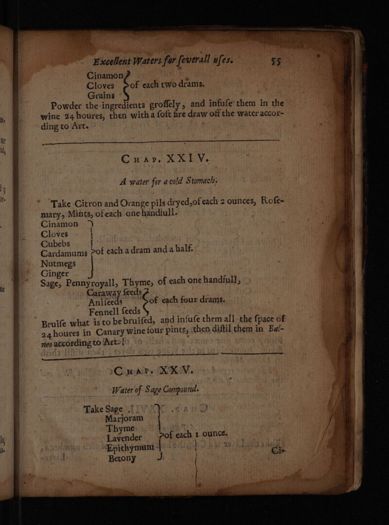 Ns II's TERR pore i Sant SON a a ee Excellent Waters for feverall ufes. Cinamon Cloves Sof each twodrams, Grains | Powder the ingredients groflely, and infufe them in the wine 24houres, then witha foft fire draw off the water accor- ———<—<—$~ eT rrrrveowrr re | Cuar. XXIV. A water for acold Stomach. Take -Citron and Orange pils dryed,of each 2 ounces, Rofe- mary, Mints, ofeach one handitull. Cinamon. Cloves Cubebs / Cardamums 7of each a dram and a half. Natmegs Ginger Sage, Pennyroyall, Thyme, of each one handfull, Caraway feeds | Anifeeds €< each four dranis. Fennell feeds 24houres in Canary wine four pints, then diftil them in Bal- neo according to Art} Cowie KEV, Water of Sage Compound, Take Sage TIVO fa Marjoram Thyme | fa behsles Sof each 1 ounce, Epithymum-| + °° 29 7iLot 9s a Betony