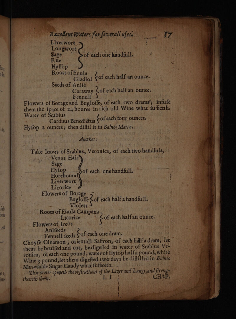 Liverwort - Longwort Sage Sof eachrone handfull. Rue Hyflop Roots of paral of each half an ounce. Seeds of Anife : Caraway of each halfan ounce. Fennell . Flowers of Borageand Bugloffe, of each two drams’; infufe them the fpace of 24 houres inrich old Wine what fufficeth. Water of Scabius Carduus Benediétus Hyfop 2 ounces; then diftil it in Baltes Marie. bof each four ounces. Another: Take leaves of Scabius, Veronica, of each two handfuls, Venus Hair Sage Hyfo | te oem r of each onehandfull. Liverwort “\~ Licorice Flowers of Borage. > . Buglotie &amp;of each half a handfull. Violets - Roots of Enula Campana .. Licorice : dof each halfan ourice, _ Flowers of Ire0s Anifeeds - } Fennell feeds é of each one dram. _ Choyfe Cinamon , orientall Saffron,-of each halfadram, let shem be bruifedand cut, bedigeftcd.in water of Scabius Ve- ronica, ofeach one pound, water of Hyfop halfa pound, white | Wine 3 pound, let them digefted two days be diftilledin Balneo Marie:adde Sugar Candy what fufiiceth. i This water opeyeth the ob ftructions of the Liner and Lungs,and fireng- theneth them. L 1 CHAP,
