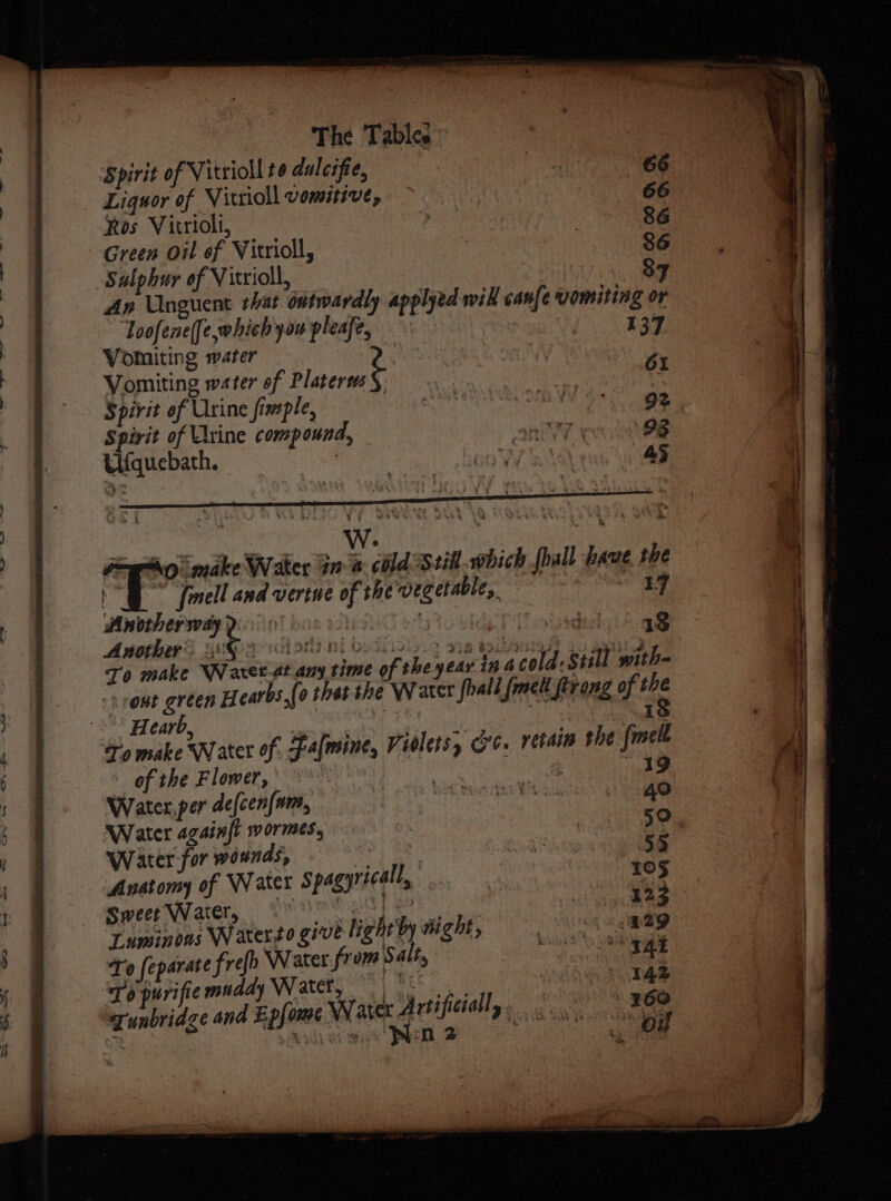 Spirit of Vitrioll to dulcsfie, Liquor of Vitrioll vomitive, 66 Ros Vitrioli, Aa ne. Green oil of Vitrioll, : 86 Sulphur of Vitrioll, Sy An Unguent that outwardly applyed will canfe vomiting or Toofene(fe,which you pleafe, 1 A aay Vomiting water | | Vomiting water of Platerws§, ite Spirit of Urine fimple, 92 spirit of Urine compound, ‘aniVy ¢ 93 Ufquebath. | DOV AS i ~ es easy Waler gna cold Still. which fhall have the [mel and verine of the megetable,. 49 Anvrherway 6 . | F 2 Another 82 To make Water at any time of the yeay tp acold:Still with- vont green Hearbs,[o thet the Water foall {mel ftrong of the Hearb, | 18 of the Flower, | 19 Water, per defcen[am, nod ns WE vo Water againft wormes, 50 Water-for wounds, wi 55 Anatomy of Water Spagyricall, | 105 Sweet Water, «* ei Ppa oS 123 Tuminons Waterto give lightby aight, oe To feparate frefh Water from Salt, PE ae: v5 | To purifie muddy WW ater, Bee Oe ke zunbridge and Epfame NV are Artificially. oo RCS Sry ak ae dank REAL | ee Lf ‘ . ‘ie te. 7 Neslihevmcinmnannt setija eee SOR tine adh eo ERE