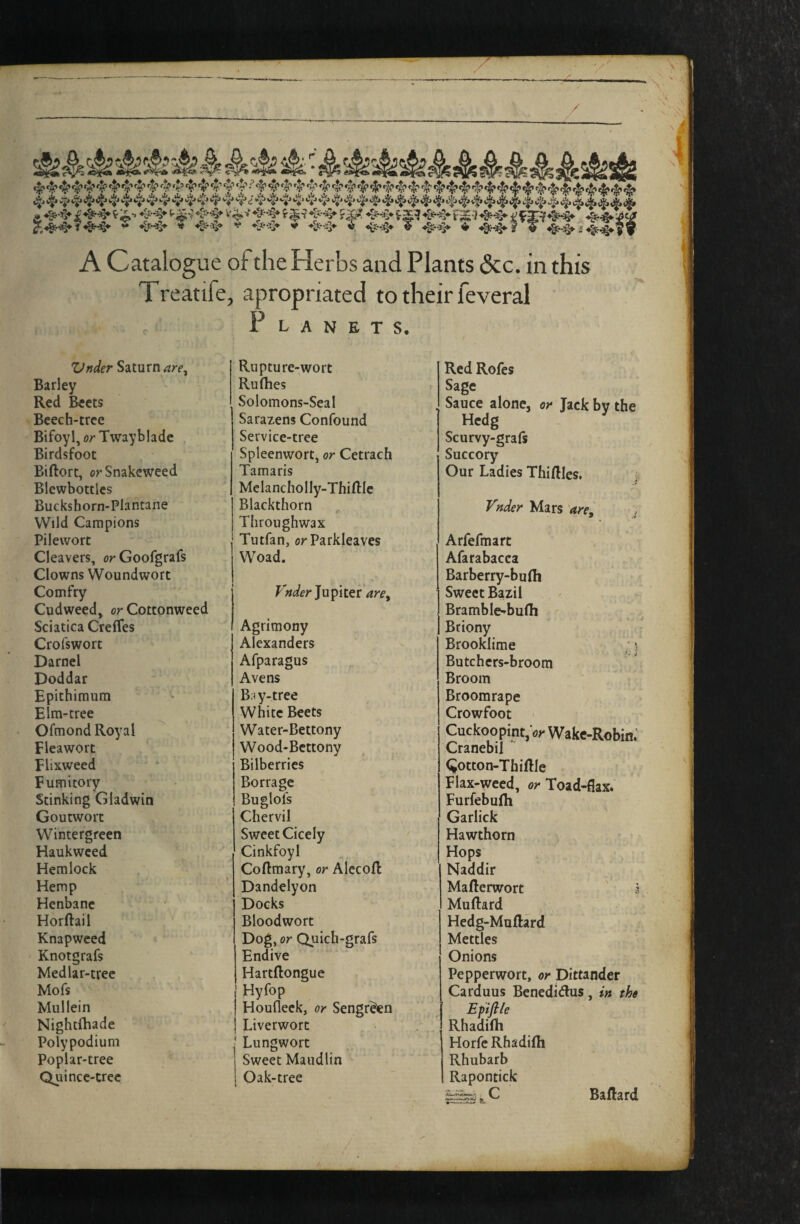 / A Catalogue of the Herbs and Plants Sec. in this Treatife, apropriated to their feveral P L A N E T S, Vnder Saturn are^ Rupture-wort Red Rofes Barley Rufhes Sage Red Beets Solomons-Seal Sauce alone, or Jack bv the Beech-tree Sarazens Confound Hedg ^ Bifoyl, or Twaybladc Service-tree Scurvy-grafs Birdsfoot Spleenwort, or Cetrach Succory Biftort, or Snakeweed Tamaris Our Ladies Thirties. > Blewbottlcs MclancholIy-ThiRle -> Buckshorn-Plantane Blackthorn Vnder Mars are. Wild Campions Throughwax • Pilewort Tutfan, orParkleaves Arfefmart Cleavers, orGoofgrafs Woad. Afarabacca Clowns Woundwort Barberry-bufli Comfry Vttder Jupiter Sweet Bazil Cudweed, orCottonweed Bramble^bufli Sciatica Crefles Agrimony Briony Crofswort Alexanders Brooklime n Darnel Afparagus Butchers-broom Doddar Avens Broom Epithimum B.^y-tree Broomrape Elm-tree White Beets Crowfoot Ofmond Royal Water-Bettony Cuckoopint,flr Wake-Robin; Fleawort Wood-Bcttony Cranebil Flixweed Bilberries ^otton-Thirtle Fumitory Borrage Flax-weed, or Toad-flax. Stinking Gladwin Buglofs Furfebufti Goutwort Chervil Garlick Wintergreen Sweet Cicely Hawthorn Haukweed Cinkfoyl Hops Hemlock Coftmary, or AlccoR Naddir Hemp Dandelyon Marterwort ' 5 Henbane Docks Muftard Horftail Bloodwort Hedg-Murtard Knapweed Dog, or Quich-grafs Mettles Knotgrafs Endive Onions Medlar-tree Hartftongue Pepperwort, or Dittander Mofs Hyfop Carduus Benedldus, in the Mullein 1 Houfleck, or Sengrden Epifile Nightibade 1 Liverwort Rhadirti Polypodium Lungwort HorfeRhadifh Pophr-tree Sweet Maudlin Rhubarb Quince-tree i Oak-tree t 1 Rapontick C Bartard