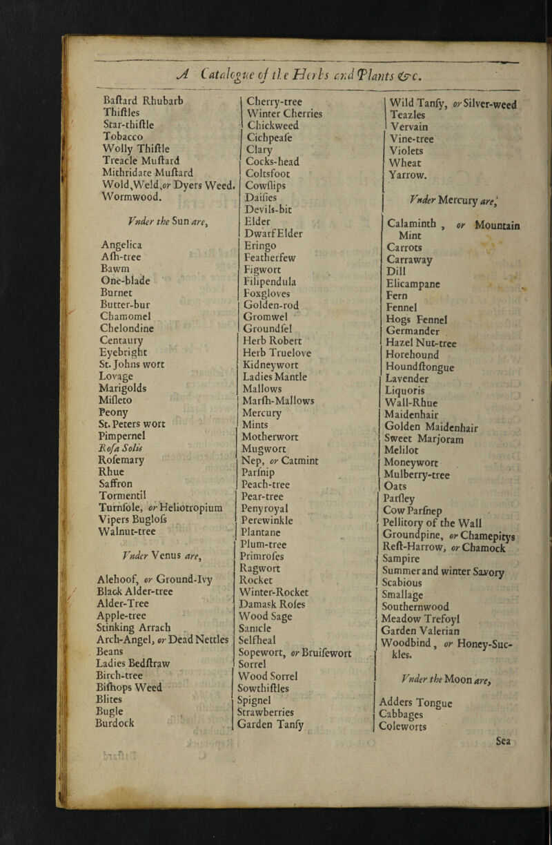 f / A CAtahoue of tie H(rh Baftard Rhubarb Cherry-tree Thiftles Winter Cherries Star-thiftle Chickweed Tobacco Cichpeafe Wolly Thiftle Clary Treacle Muftard Cocks-head Michridate Muftard Coltsfoot Wold,Weld,or Dyers Weed. Cowflips Wormwood. Dailies Devils.bit Vndcr the Sxxn are^ Elder DwarfElder Angelica Eringo Afh-trec Featherfew Bawm Figwort One-blade Filipendula Burnet Foxgloves Butter-bur Golden-rod Chamomcl Gromwel ‘ Chelondine Groundfel Centaury Herb Robert Eyebright Herb Truelove St. Johns wort Kidneywort Lovage Ladies Mantle Marigolds Mallows Mifleto Marlh-Mallows Peony Mercury • St. Peters wort Mints Pimpernel Motherwort 'Rofa Solis Mugwort Rofemary Nep, Catmint Rhue Parfnip Saffron Peach-tree Tormentil Pear-tree Turnfole, V Heliotropium Penyroyal Vipers Buglofs Perewinkle Walnut-tree Plantanc Plum-tree Vndcr Venus are^ Primrofes Ragwort Alehoof, or Ground-Ivy Rocket Black Alder-tree Winter-Rocket Alder-Tree Damask Roles Apple-tree Wood Sage Stinking Arrach , Sanicle Arch-Angel, or Dead Nettles Selfheal Beans Sopewort, orBnuU Ladies Bedftraw Sorrel Birch-tree Wood Sorrel Biftiops Weed Sowthiftles Elites Spignel Bugle Strawberries Burdock Garden Tanfy Wild Tanfy, or Silver-weed Teazles Vervain Vine-tree Violets Wheat Yarrow. Fff4er Mercury are^ Calamintb , or Mountain Mint Carrots Carraway Dill Elicampanc Fern Fennel Hogs Fennel Germander Hazel Nut-tree Horehound Houndftongue Lavender Liquoris Wall-Rhue Maidenhair Golden Maidenhair Sweet Marjoram Melilot Moneywort Mulberry-tree Oats Parfley Cow Parfnep Pellitory of the Wall Groundpine, e^'Chamepitys, Reft-Harrow, or Chamock Sampire Summer and winter Sa.vory Scabious Smallage Southernwood Meadow Trefoyl Garden Valerian Woodbind, or Honcy-Suc- kles. Ffider the Moon are. Adders Tongue Cabbages Coleworts Sea