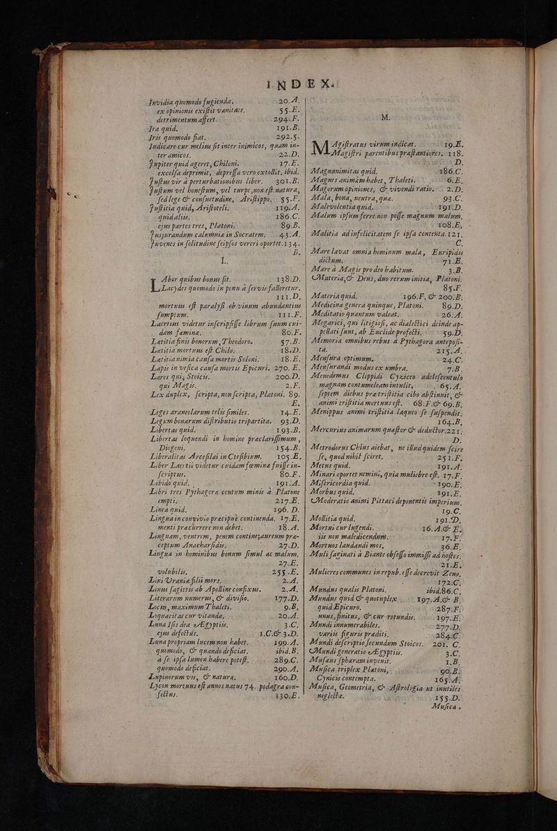 invidia quomodo fugienda. i 20.4. ex opimonzs exifHit vanitdie. 5.5.5. detrimentum affert: 294.F. Ira quid. 191.À. Iris quomodo fiat. 292.5. Indicare cur melius [it inter inimicos, quam in- ter amicos. 22.D. f upiter quid ageret , Chiloni. I7. E. excelfa deprimit, depre|[a vero extollit. ibid. jufus vir à perturbationibus liber. |. 301.B. ftd lege €&amp; con[uetudine, | Mrifhippo. |. $3.F. 2f itia quid, driffoteli; 119.4 quid alus. 186.C. ejus partes tres, Platoni 89.B. dusjurandum calumnia in Socratem; |. 43.4. d venes in folitudine feipfos vereri oportet.134. jy b. L. Aber quibus bonus fit. 138.D. ΤΩ des quomodo in penu à fervzs falleretur. αι. D, mortsis eft. paralyf ob vinum abundantius fumprum. 111... Laertius videtur infcripfiffe librum fuum cxi- dam femina. o.F Laetitia finis bonorum ,'T beodoro. $7.B. Latitia mortuus eft Chilo, .18. D. Latitiauimia cam(a mortzs Soloni. i5.E. Lapzs in vefica caufa mortis Epicuri. 270. E. Lares q91$ Stoicis. 200.D. qui Ζαρα. 2E. Lex duplex, | f[eripta, non fcripta, Platoni. 89. M. Leges araneolarum telis fimiles. 14.Ε. Legum bonarum difiributio tripartita; | 93.D. Libertas quid. 193.2. Libertas loquendi in bomine praclariffimum , Dicgeni, 154.5. Liberalitas ZArcefilai in Ctefibium. — 105.E. Liber Lacitii videtur cuidam femine fuiffe in- fcriptus. 80... Libido quid. | 191. 4l. Libri tres Pytbagora centum minis à. Platone empti; 2x53. Linea qtd. 196. D. Linguain convivio pracipue continenda, Y7.E. menti pracurrere non debet. 18.4. Linguam,ventrem, penem contintsaureum pra- ceptum Anacbar fidis. ΩΣ Lingua in bominibus bonum. frmul ac malum. i; 27.E. volubilis, 255.E. Lini Urania filii mors, 2.4. Linus (agittzs ab Apolline confix un. 2..4. Literarum numerus, €&amp; divifio. 177. Locis , maximum T halcti. 9.8. Loquacit 45 cuv Vitanda. 20.4. Luna Lis dea ep] Egyptiz. 3.C. ejus defetlus. i.C.G* 3.D. Luna propriam lucem non babet. 199.4. quimodo,. C quando deficiat. ibid.B. à fe ip(a lumen habere poteft. |... 289.C. quomodo de(iciat. 290. A4. dLupinorum vi, C natura. 160.D, Lycon mortuus eft annos natus 74... podagra eou- fettus. 130,Ε. M. M Agiflvatus virum indicat. Το. Ε. Magiftri parentibus pra[lantiores; 318. : D, Magnanimit as quid. -186.C. Magnes animam babet , T baleti; 6.E. Mala, bona, neutra, qua. 93.C. AMalewolentia quid. Y IgI.D. Malum ipfum ferre non poffe magnum malum, 108.E, M:alitia ad iufelicitatem fe ipfa contelita.121. diclum. 71.E. Mare à Magis pro deo babitum. 3.8. CMateria,G- Deus, ἀπο rerum initia, Platoni. 85.F. Materia quid. 196.F. ὦ 29ο.8. Medicina genera quinque, Platoni, 89.D. Mtditatio quantum valeat. 26. A. IMegarici, qui litigiofr, ac dialeHliei deinde ap- pellats [unt , ab E nclide profetli, .—- — $9.D. Memoria omnibus rebus ἃ Pythagora antepoft- ta. ars. 4. AMenfira optimum. 24.C. M:enfurandi modus ex umbra. 4B. AMenedemus | Clippidi | Cyziceo - adolefventulo magnam contumeleam intulit, ὅς. A. « feptem. diebus pratriflitia cibo abflimat, c&amp; anim trifitiamortuuseft. — 68.F.C* 69.B. AMenippus. πίη trifHitia laqueo. fe fufpendit. 164..B, Mercurius animarum quaftror C deduttor.221 is. D. Mitrodorus Cius aiebat, ne illud quidem (cire fe, quod nibil fciret, 251.F. Metus quid. IgI. 4. AMinari oportet nemini, q1ia mhliebre eft, 37. Fr. Miftricordia quid. ^ 190.F, Morbus quid. I9Ir.£. CModeratio animi Pittaci deponent 1s imperiug. I9.C. Mollitia quid. τοι) Mortui cur Iugendi. 16.4. E. 125 non maledicendum. 17.F. AMortuos laudandi mos, s 36.E. Muli (arinati à Biante obfeffo immiffi ad boftes: 21.E. 7Mulieres communes inrepub. effe decrevit Zeno, ; I172:G; Mundus qualis Platoni, ibid.86.C. Mundus quid C quotuplex 197.24; B, quid Epicuro. 287.F. unus,fimtus, G cur rotundis. I97.E. Mnnudi iumumerabiles. 2273D, varim funurz praediti, — 284.C. AM undi defcriptio Jecundum Stoicos. 201. C. CMundi generatio eJ myptiss. 3.C. | AMufans fphbaram invenit. 1.8. AMnfica triplex Platoni, 90.7. Cynicis contempta. 165.4. Mnfea, Geometria, € Mflrolotia ut inutiles neg lect a. I$5.D. με - TC uem δὴ
