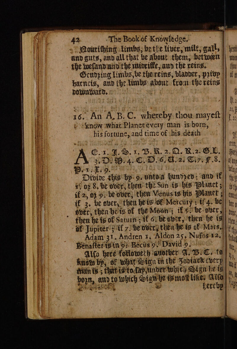 ; | Moteithing Limbs; be the liver, mile, wats | and guts, anv all that be About them, betieet } the iwelann niin the midriffe, ann the rete. OGendzine limbs, be thereing, blapper, prteyp | harncis, anv che timbs: about front the reins || 16. An ‘A.B. C. whereby thou mayeft | + +know what Planetevery man. is born, his fortune, and time of .his death if A C.1. 9S. 1. BK. 2.D. B.2 GL, | gy 3D) 9B. 4. C.D.6, G2; Cir. F.8. PEED. ea sla pinc bitte a Divine his bp: o. wntoa Hundred, anv if, thy + of 8, be over, then the Sun ts bis planet ; | i), if 2, 0) 0) beober; them Venus 1s his planet 5) ¢y,, if 3, be over, then bets of Merciiry: ti 4. be) y,, ober, then Ye'ts of the Moons ifs be-ober,)| yy, fhen he fe of Saturn’; 1€ oc be ober, then He 13) ty, GE Jupiter’ if 7 be oisery then he ts of Mars.) i th Adam 31. Andren 5, Aldon 25, Nufos'x2.)) ik Benafter isin ov Bectis 9. David-o. Vy Dito herd totlowerh ‘avother' A, GC, ts), didn ts ; fhe is todap under which Sign be te), Horn, and to which Stawhe tmot likes Sito) ih gare we hereby) oh &amp; * Fe as eo te