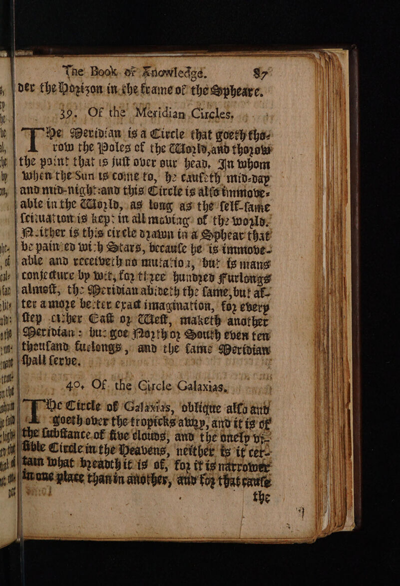 s eet — a der the ogizon in.che frame of the Spheare, 39. Of the Meridian Circles, | iS i Weridian is a Civcle that goer tha- row the Poles cf the Corto and thazow w/the part that is full over our head, In whont | wien the'Sun te cone to, he caufeth mid-day Hy | AND MiD-night:any this’ Circle is alts tntove: able ti the Moya, as tomy as the: felftame {ctiuattomis kep: in alb moving? of the worly, je. | De patinien wt-h Stars, becaule he is immiove- fp able and veceiverno mutator, ‘but ts mang ale | confecture bp tart, for three hundyed furlongs fay | alinett, the Weridtanabinety the fame, but af iy | ter amoze beter crac imagination, for eherp in: [ep crsber Ca op Wet, maketh anather ite | Meridian: bus gee Parthior South even ten ut | thoufand ficlongs , and the fame Deridian nyt (8 ferve, | i | 40, Of. the Gircle Galaxias, au 1 dean Circle of Galaxias, ‘oblique alfa ay yi) A Hoethober thetropicks awgy, and itis of ‘ih the fubtance.of five vous; ano the oncip vy} nit] Bible Ciecle mtheWeavens, ‘neither ty if cero ist | RARE To hare breanth i619 os, for ifts narrower || ioone place thanin another, anv for that caute