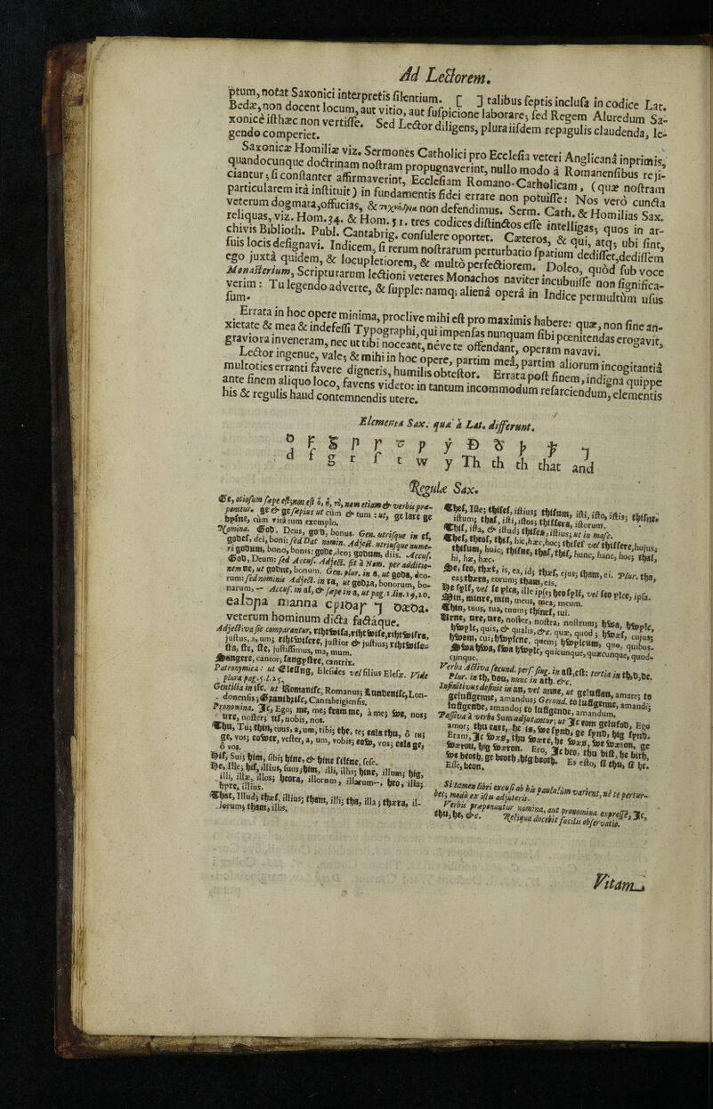 Ad LeBorem. ptum,nofat Saxonici interpretis fiknrium r i Miihnc r (»*• • , r . B«fc,non docent locum L vit' 'Tr • C 3, ? bus ^incIu,i in co*« Lat. xonice ifthsc non vertifle. Scd Lcflor j^'.Clone f,ourc> ^cSclf1 Aluredum S.i- gendo compcriet. dihSens> Plura “Wcm repagulis claudenda, 1c quandocunquedofi!rinam*ifoft™ni^nS^icaanainprimis, vetetumao§™aiS;^:™SSnS*i wf.-ra ^rB^Tbd^,4 c&a„“r ic5 trcncodices d“s “am 7 MenaZcril, Scripturarum ’ ? A Pttfe&orem. Dolco, quod fub vocc Errata in hoc opere minima, proclivc mihi eft nro maximis xietate & mea & indefcfli Tvdo£ranhi m,i in, r aximis hi?tbere: non fine an- his & regulis hand contemnendis utere. ^ommodum refarciendum, elements O p d f Element* Sax. n r * p r f t w f[U£ a Lat. ehjfcrunt. y *> $ > * that 7 and € e, otiofum ^pe eftim eft S,», n\ etim & verb,it ptmtur, «e Be /SrpJcr \ m yl” ^ «'«/'<- aut cum & turn : ut, cre lare oe bpfne, cum rua turn cxcmplo. B 'Komina. <£ob, Deus, goo, bonus. Gen. uftirque in ef goOef, del, boni: fed Hat mnin. Adjeft. utriuLuenume 2 Sl°7ibrSrS0t!f''leO5 SODttm, di“- •*»}. ®00, Deum. fed Accuf. Ad]e£I. fit d Nim. per additiL ncmnz ut gotme, bonum. de„.pLr. in a,JatZi o T ?djtf l” « 0Ot>?a> bonorum, bol -a urn, - Accuf. tnaf, &fapem a, utpagi.lin.i9,io. ealopa manna cpioar *1 oxba. veterum hominum di<5h fatfaque. AdjefavaJtc comparand, rl{)tfoifa,r(btfiDife nht&lfra Aangcre, cantor, fatigpftre, cantrix. P7%”£Z?Mne‘EltWts ™ Gentilia in ttc ut IRotttattlfe, Romanus; UmitienifcLon ‘ doncnfis iffmbtlle, Cantabrigienfis. ,L°n_ Eg°i me, me; framme, £mei foe noJ. Ore,nofter; ttf, nobis, nos. 1 ’ ** Tu; tf)in,tuusja,um, tibi; the, te-Min tfm A . . Sf’ilie5 £!pmi^bf,?<ne^ *>ine tnfne, fefc. iUi» illls3 tone, ilium; l)fg feind!018 m»> aw. N. S£ ,!wm-il,ii «’9- “*»*»*. a- y Th th th Sax. ®SS tW'“ ®bcf’tbJ’f t£j?tt?*WtlftlU8iww riur. m idob, nunc in ath. &c 9v»w3ue. InJinitivusdefinit in an, vel anne ut tre’affan Selttfigenne, amandus; elS!? aKi t0 lofigcnbe, amando; to lafigcnDe ’ amandii Vaffiva l verba Sum ^iM«S^*mandum* amor; tbneatt he One r gelufob, Egg toxrou, Jjig Soxron. £r0 JZ,**}*? %El0n’ Sc orient, nt tt perlur. Pre:/hix ms**>,*«,... c* nils aa]uleris. 3 c t VitanLj