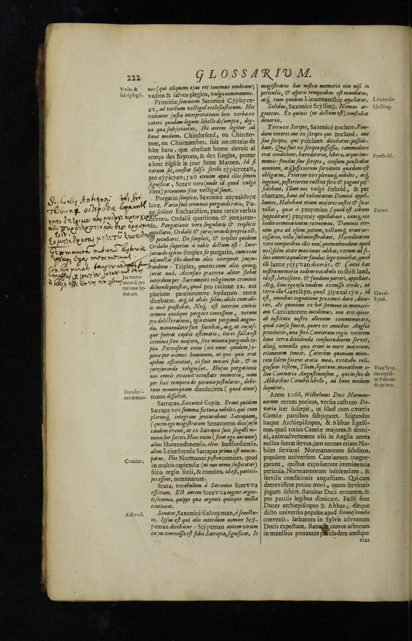 / 111 q LO S SJ^IV M. o*v- mentu pro rations hy- darum. Vades & ' ms (qui aliquam ejus ret tenemus umbrAm) falvipkgir, Vadios & falvos plcgios, vulgonominamus. Primitiaz feminism Saxonice Cypiepce- adverbum veHigal eccleftafticum, Hie vtdentur jufta interpretations loco verba ex veteri quodam legum libello defumpta, dig- na qua fubjiciantur, Ibi autem It git nr ad hmc modum. Chirehefeed, ou Chirceo- mer.ou Chirceamber, fuit uncerteinde blee batu, que ehefcun home devoir al temps dez Brytons, & dez Engles, porter a lour efglife le jour Seint Marten, Id ft verum fit, con ft at falf o feribi cypicyceaZJ, pro cypiepa^O; pacD etenim apud illosfemcn ftgniftcat, Sceax: veto {unde id quod vulgo - Shot)picHniantfive vettigalfonat. G W| jr*- PurgatioAV^Saxoniee anpealdope <> «. rv ) 0.rc &s****M lat)C. Fariafuit crimtnis purgandt ratio, Pa- <-p&G« v.f* Olwf°Uc^ ng fCfifcet Eucharifiico, pane certis verbis )ik^v KUi^ot xi^f-VoW ^tirX^evoto, Ordalii qusRione, & jurejuran- PurgMhm v^r„PVUru & triflms ,.V O Kfippellatto, Ordalii & junsjurandipropnaest, ^oMVluSy JojUT*> peculiar is. Defmpltci, er triphei quidem -mJ—— . I j Ordalio fuperius a nobis dtttum eft: lure- />n(**u>ru*' juraxdo igitur (implex fit purgatio, cum reus tyu adjunlUsfrbpduobus alits xnterponit jtuju- Triplex, quotiescum alia quin% IVtdl'W jurat md. Accufato praterea altter ftebat ni^^memaj'ro tntcr dumper Sacramnti rehgionem crimmis diluendipoteftasy quod pro racione i*» aut plurium pauciorumve hydarum terra: dicebatur, atq^id alias Joins, alias cumali- is md praftabat, Neft eft interim cut vis crimen quodque purgare concejfum , verum pro deltEli ratione, ipfa etiam purgandi augen- da, minuendave fait facultas, atq3 ut cujuf- que fuerat capitis aftimatio, itaei fattaeft crimina five majorAy five minora purgandi Co- pia. Pervafterat enim (uti nunc quidem) o- pinto per animos hominum, ut quo quis erat opibus affluentior, eofuit majeri fide , & in lurejurande religioftor. Hujus purgationis non omnis evanuitvetuflate memorianam per hac temporade peernta poftulatus, debi- tum nonnunquam duodecima ( quod a'tuntj ma manus- manu dijftolvit. Satrapasj Saxonice Gople. Erant quidem Satraps viri fummafortma nob ties, qui cum plerunft integram procurabant Satrapiamt (quern ego magiftrat urn Senatorem dicojuftu tandem eve nit, ut ex Sat rapt is ftuis finguli no- minaftrnt fortitt.Hinc enim (ftcut ego autumo) alius Huntendonenfis, alius Bedfordienfisj alius Leieeftrenfis Satrapas primoeft nuncu¬ pate. Hos Normanni pofteacomites, quod in multis capiendis {ut non nemofufticatur) fifeo regio focii, & comites, id eft, partid- pesejfent, nominarunt. Scata, vocabulum d Saxonico Scea'B'ca ejfittum. Eli autem Sceaxxa tngens argen- ti/umma. qtsippe qua argent i quin que millia contineat. SenatorySaxomcc Galoopman,^ feneftu- te. Ipftuseftqui alio interdum nomine Scy- peman dicebatur : Scypeman autem virum cujtu commijfta eft fidei Satrapia,ftgniftcat. Is Duodecl- Coroites. Aldcrma. magiftr at us hac noftra memoria non nifi in periculisy & after is tempor thus eft mandate, atturn quidem Lieutenantfhip appellatur. Solidusy Saxonice Scyllinj, Numus ar¬ gent e us. Ex quin is (ut dillum eft) conftabat denariis, Terr a ex ScriptOy Saxonice Boclano.F«»- dum veteres aut cx fcnpto qui Bodand» aut fine feripto, qui polelan© dicebatur,pojftde- bant. Qua fuit ex feripto pojfejfto, commodiori erat conditioner haredttariay libera, atqueim- munis: fundus fine feripto , cenfum fenfttabat annuumy atft\oJftciorum fervitute quadam eft obligatus♦ Prior em viri plermftnobiles, at ft ingenuiy pofteriorem ruflicifere & pagani poft fide bant, I Ham nos vulgo frehold, & per chartam, hanc ad volmtatem Domini appel- lamus, Habebant etiam map ores noftri & ftuas villas y quas d peopmian (quod eft cibum Juppeditare) peopmepappellabant, eamq^nos hodie nominationem retinemus, SDominis ete- nim qua ad efim,potum, v ilium ft erant ne- cejfaria, villa fubminiftrabant, Hareditatem vero temporibus illis non(quemadmodum apud nosjfolus atate maximus adibat, verum ad fl¬ it os omnes aqualiter fundus lege veniebatyquod HU lanoe pcyp“oan dixerut, & Cantii hac noftra memoria eodemvocabulo tofhifc land, ideft,hercifcere, & fundumpartiri, appellant. Atefe hincegoufutandem evenijfe credo, ut terra itla Gavelkyn, qua ft ppeeal cyn , id efty omnibus cognatione proximis data , dica- tur, Ac quoniam ex hoc fermone in memori- am Cantianorum incidimus, non trit opinor ab injlituto noftro alienum commcmorarey quid caufafutrit, quare ex omnibus Anglia provinciiSy una fere Cantiorum regio veterem hanc terra dividenda confuetudmem fervety alia ft nonnulla qua erant in more majorum, etiamnum teneat. CAter^m quoniam mino- remfidemfaeeret oratio mea , excitabo reli. giofum teftemy Thom.Spottum, monachum o- lim Cantuaria Auguftinenfem , quiinfuo de Abbatibus Ccenobii Itbello , ad hmc modum loquitur, Anno I o66, Wilhelmus Dux Norman- norum rerum potitus, verfus caftrum Do- voria iter fufcepit, ut illud cum carteris Gantis partibus fubjugaret. Stigandus itaque Archiepifcopus, & Abbas Egelfi- nus,quafi totius Cantice majores,&: domi¬ ng animadverteaces ubi in Anglia antea nullus fuerat fervusdam omnes etiam No¬ biles fervituti Normannorum fubditos, populum univerfum Cantianum congre- garunt, quibus expofuerunt imminentia perieula, Normannorum infolentiam , & fervilis conditionis anguftiam, Qui cum dccreviflent potius mori, quam fervitutis jugum fubire, flatuitur Duci occurrcre, & pro patriis legibus dimicare. Fa&i func Duces archiepilcopus & Abbas, dieque didto univerfus populus apud Swanefcombe convenit, latitantes in Sylvis adventum Ducis expectant, ftatuwit ramos arborum in manibus portantes ^tcludere undique Lieutcnat* Shilling. Freehold. Ferme. Gavel- kynd. VinitSpot. tusregna- te Edovar- do primo.