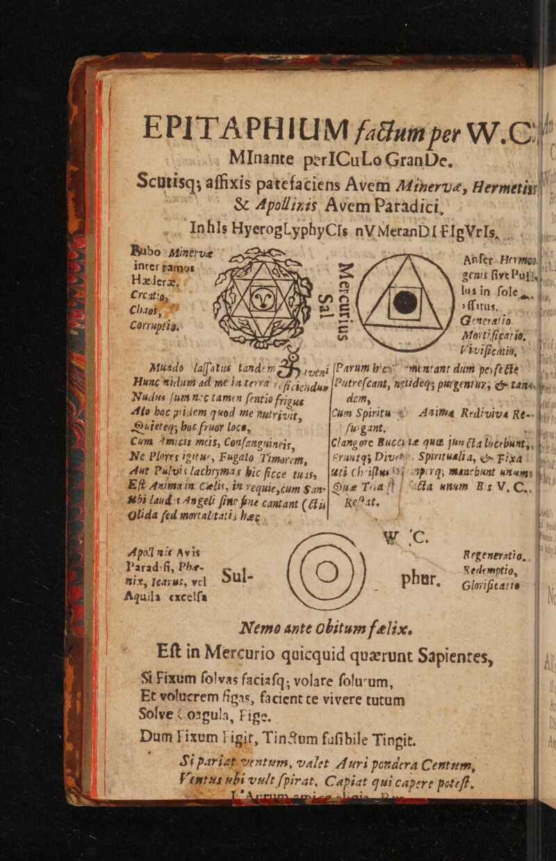 EPITAPHIUM factum per WC) _ MInante perICuLo GranDe. I - Scutisq; affixis patefaciens Avem Minerva, Hermetiss | Sc Apollizis Avem Paradici, ‘Inhls HyerogLyphyCls nVMeranDI FleVels, - Bubo Mintrve Anfer.Hermao.! inter ramos = genis five Poy} Hederz, = lusin fole,. 4, Creatig. OQ | 2ffatus Be Kh Cha oe i, 405, : agg d Gerxeratio. Corruptia. | = Mortifieario, | Vivificatia, Murdo laffatus tandem rveni (Parvum bic’ “mintant dum peife fe Hune nidum ad me in terra +f ion duy |Putre(cant, netidegs purgenturs op CARI Ip Nudus (win noc tamen (entio frious dem, ety | Ale hoc piidem quod me aulrivit, Cam Spiritu) Arita Rediviva Re--\y,, Huteteg; bos fruor loce, furgant, no Cum Amicis mes, Confangniness. Clang ore Buccht@ quae thn (ia lucebunt,, Die Ne Plores rit br, Fugato Timorem, FYUntgs Divet Spwitéalia, Un Fixa | Dog tut Pulvts lachrymas hic ficce tuas, \4tt Ch afbme '34 per: mancbunt wAumy Wi, Eft Animain Celis, in requie,cum $an-|Oue Tia 1) aa wnum Bs V.C,. | bt lauds Angel: fine fue cantant (u} ReFat. | Olida fed mortalitatis hes } Wi wc. | Regeneratio, . || Redemptio, phar, Glovificarte Apol nis Avis Parad:fi, Phe- mix, Ieavus, vel Sul- Aguila excelfa Nemo ante obitum felix. Eft in Mercurio quicquid quzrunt Sapientes, Si Fixum folvas faciafq; volare folu-um, Et volucrem figas, facient te vivere tutum Solve Cozgula, Fige. Dum fixum figit, TinQum fafibile Tingit, Si pariat ventum, valet Auri pondera Centum, Vemtusubs vult (pirat, Capiat qui capere peteft, 8 . ° . é ; ih, A RE | Sm 4 sy DS i sere Sere