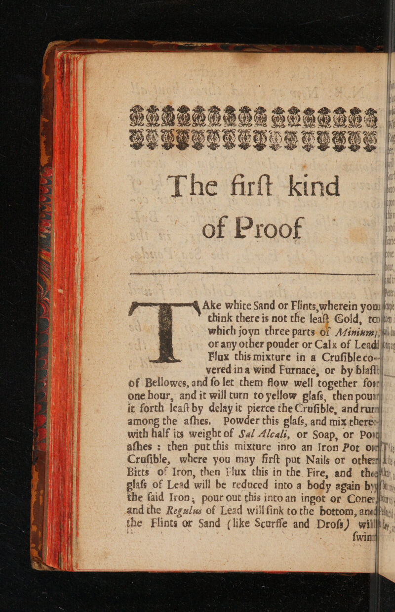 = ESOS apekeal aaa EAS eR TE ES ee ES . : ae aS a Wf syns: of Proof | “@ Ake white Sand or Flints, wherein yous): think there is not the feaft Gold, taojtit which joyn three parts. of AZininn), Willi or any other pouder or Calx of Leadd\pihys Flux this mixture in a Crufibleco:-, vered ina wind Furnace, or by blafti) of Bellowes, and fo let them flow well together fore one hour, and it will turn to yellow glaf chen pout} ic forth leaftby delay it pierce the Crufible, and rural among the afhes. Powder this glafs, and mix chere=} with half ics weight of Sai Alcali, or Soap, or Pont afhes : then put this mixture into an Iron Pot om} Crufible, where you may firft put Nails or othesmil, Bitts of Iron, then Flux this in the Fire, and thea glafs of Lead will be reduced into a body again byy{ hy, the faid Iron, pour out this intoan ingot or Coneesfiny) and the Regulus of Lead willfink tothe bottom, anodfi the Flints or Sand (like Scurffe and Drofs) willl ‘ | ? {wing} ae ) 4 Ip ahi |